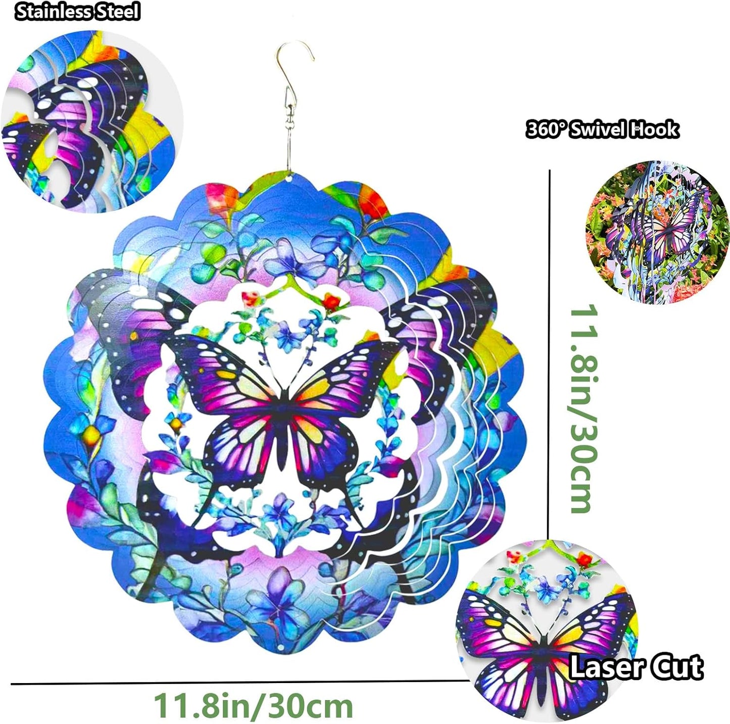 Wind Spinners Butterfly Art12 inch 3D Stainless Steel Laser Cut Metal Art Geometric Pattern Wind Sculpture Hanging for Garden Decorations Gifts Indoor Outdoor