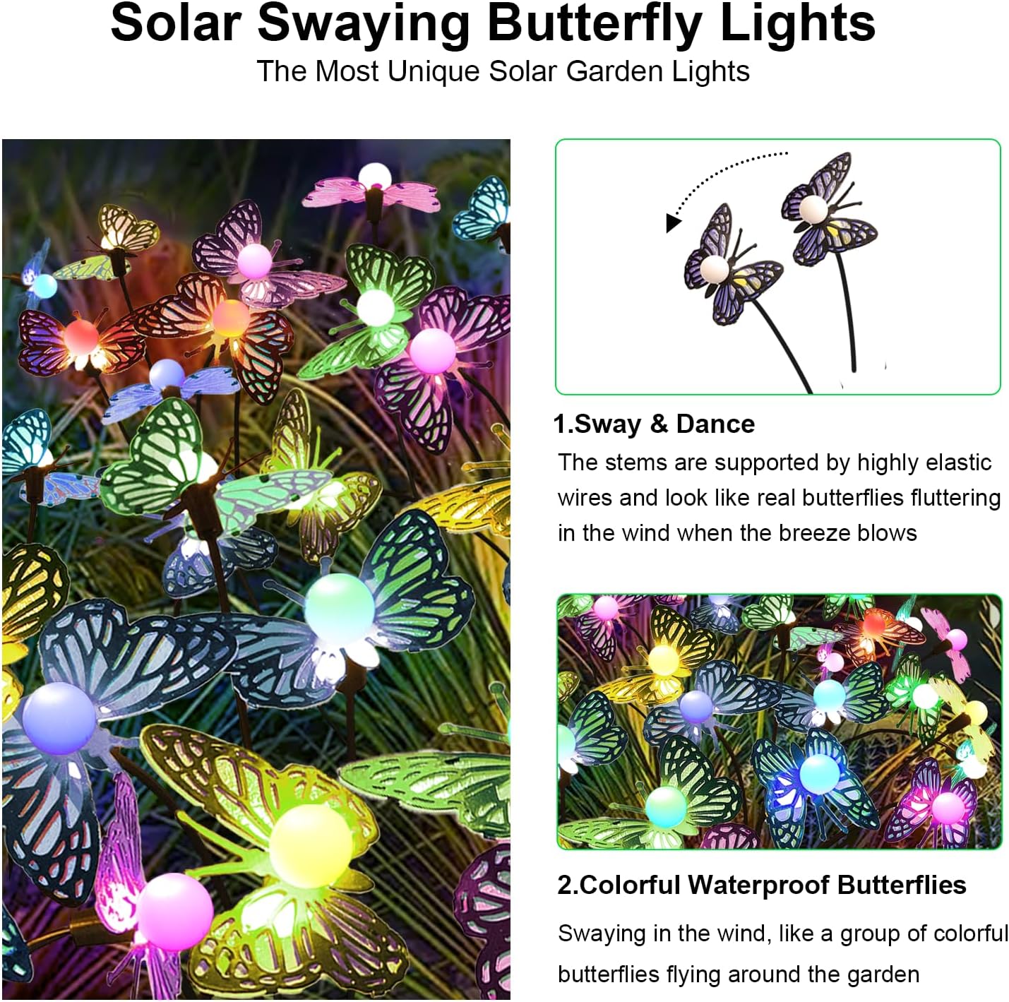 Solar Garden Butterfly Lights, 6 Pack 48 LED Solar Swaying Lights, 7 Color Changing Waterproof Firefly Light Outdoor Fairy Light for Garden Patio Yard Pathway Flower Bed Decoration