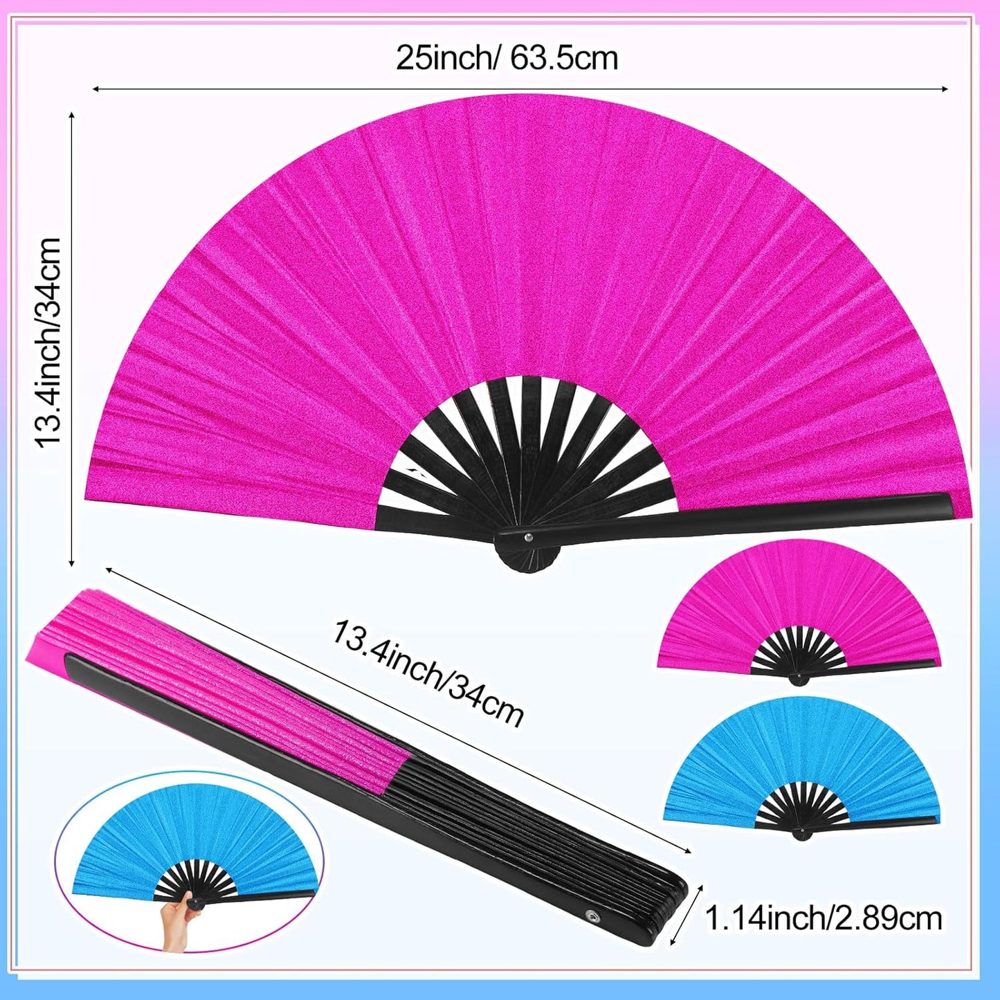 Maitys 2 Packs Large Clap Fans for Line Dancing Large Chinese Folding Hand Fans for Men and Women, Festival, Tai Ji, Kungfu, Martial Art, Gifts (Glitter Rose Red and Blue)