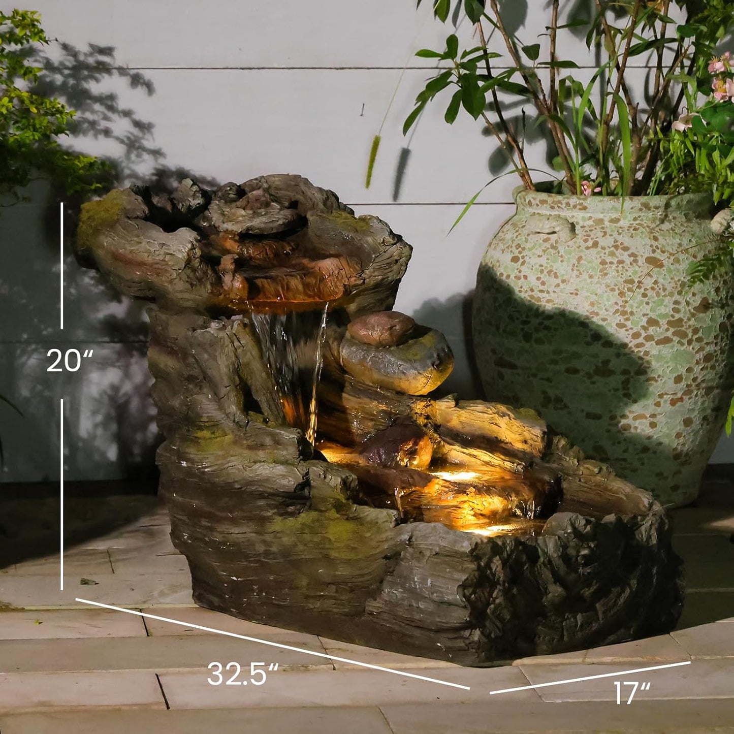 32.5" L Garden Outdoor Water Fountain, Floor Standing Cascading Realistic Tree Trunk Natural Waterfall Outdoor Fountains with LED Lights for Patio, Porch, Home Art Decor