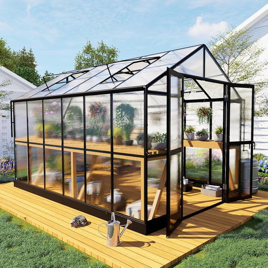 HOWE 8x12x7.5 FT Polycarbonate Greenhouse Double Swing Doors 4 Vents 5.2FT Added Wall Height, Walk-in Large Aluminum Greenhouse Sunroom Winter Greenhouse for Outdoors, Black