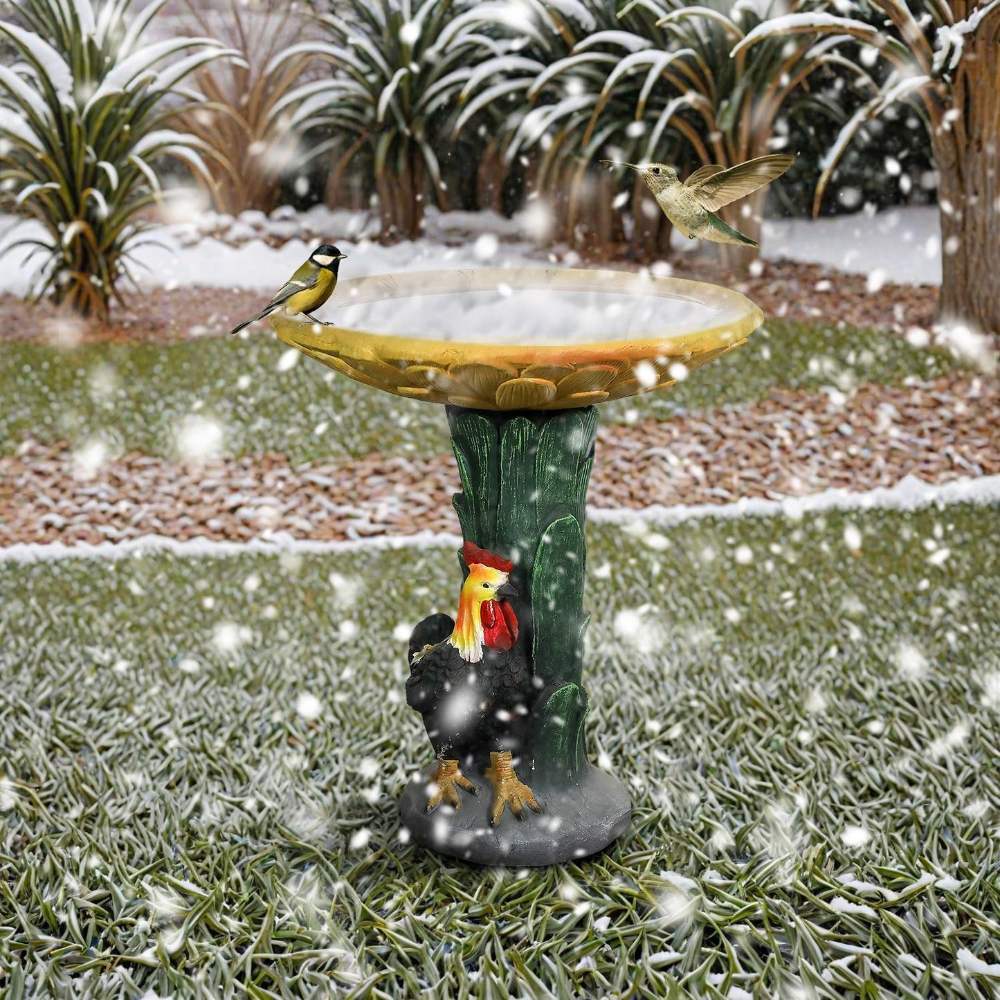 SKYFIRE 23" H Outdoor Concrete Bird Bath - Sunflower Birdbath Bowl with Leaf Pedestal for Garden, Patio, Lawn, Yard, Outdoor Decor -20”Dia. X 23”H Rooster and Chicken Bird Bath Outdoor Garden Statue