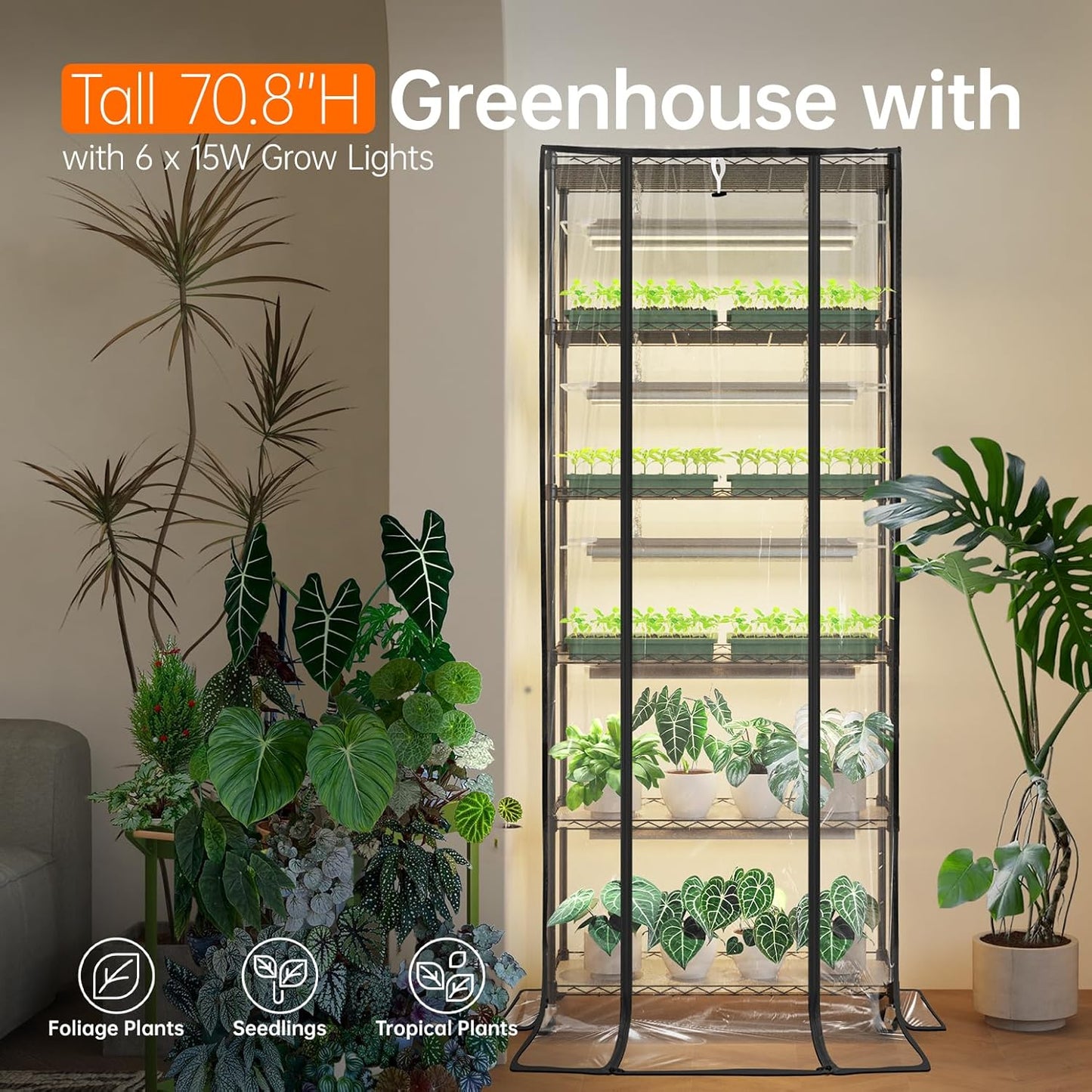 DIY Plant Shelf with Grow Lights and EVA Greenhouse Cover, Plant Stand with Adjustable Rack and Wheels, 8-Pack 192W T8 3000K Full Spectrum Plant Lights for Seed Starting (29.5L x 13.8W x 70.9H)