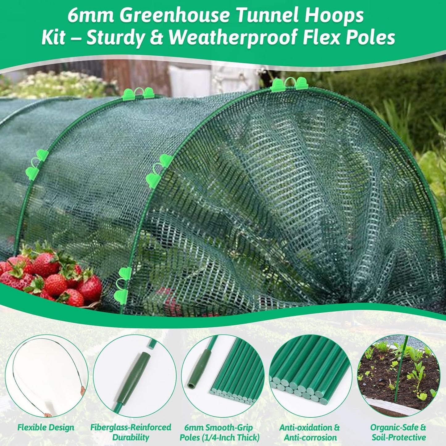 30 Pcs Garden Hoops for Raised Beds, 6mm Greenhouse Hoops Grow Tunnel Fiberglass Hoop House Kit, 6 Sets Plant Support Garden Stakes Hoops Frame for Netting Shade Cloth Row Cover Garden Supplies