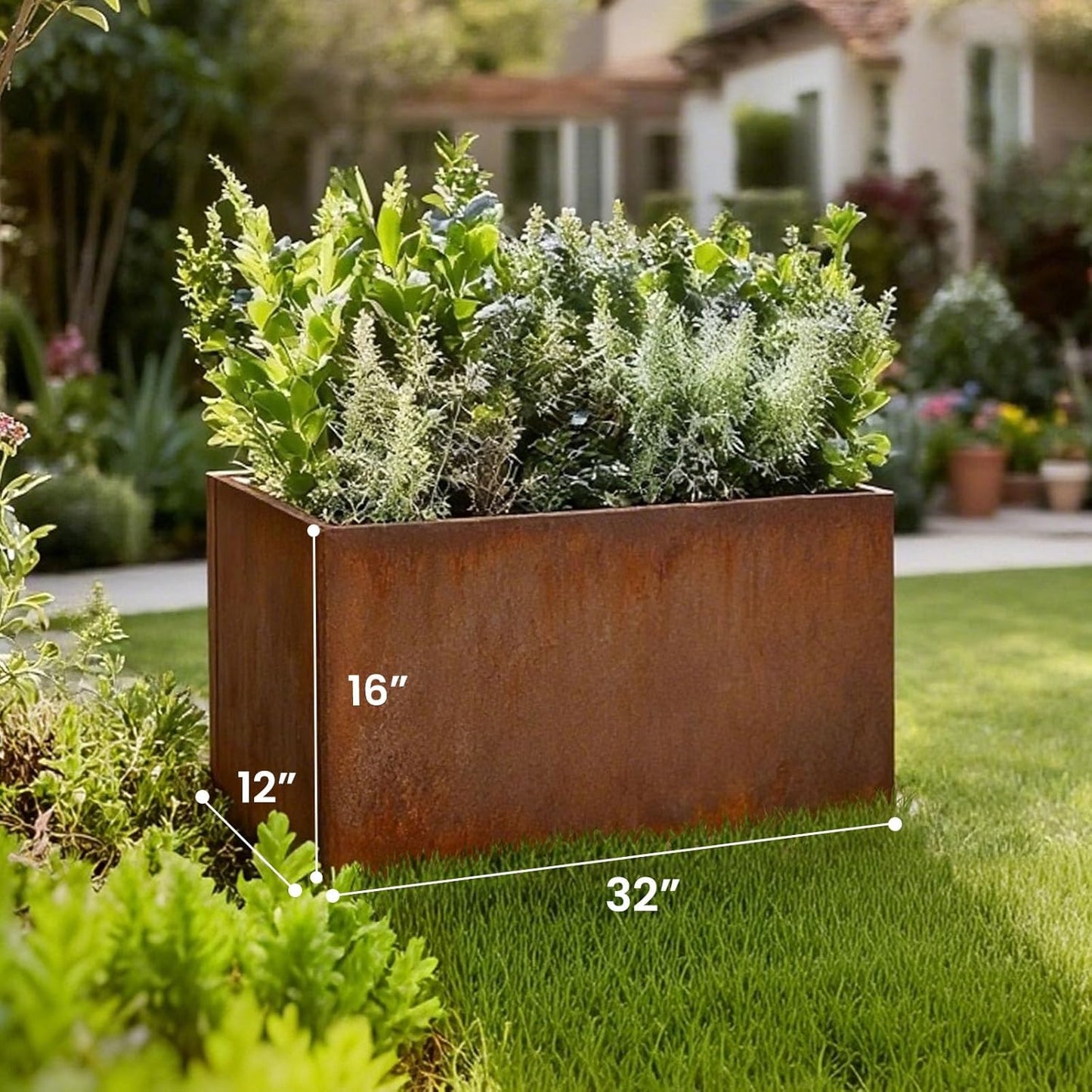 Corten Steel Corner Metal Planter Box Garden Steel Planter Pot for Patio Modern Farmhouse Rustic Design (L32 x W12 x D16, Rusted)