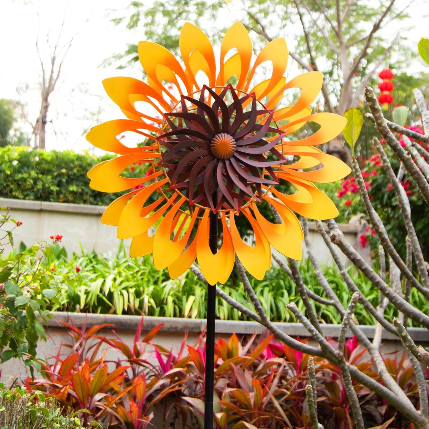 Sunflower Wind Spinners, 360 Degrees Swivel Metal Wind Sculptures, 76" Large Garden Pinwheels for Yard Lawn Patio Decor