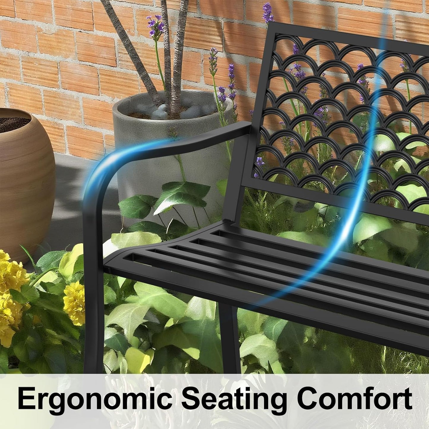 50" Heavy Duty Outdoor Bench, Wrought Iron Weatherproof Garden Bench Black Metal Patio Bench for Park Proch Yard 880lbs