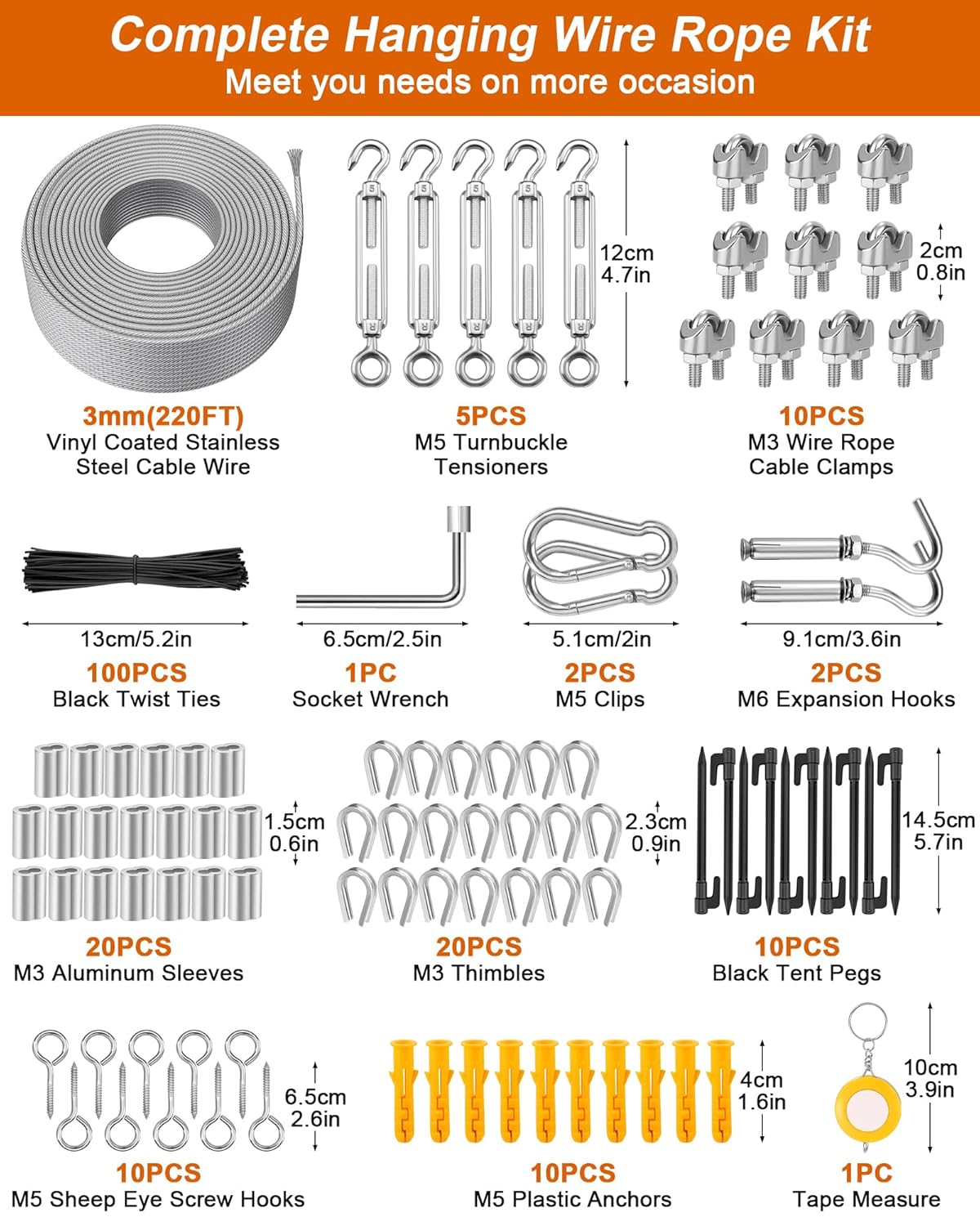 220 FT 1/8" Wire Rope Kit, 304 Stainless Steel Cable with M5 Turnbuckles for Cables Wire, Vinyl Coated String Lights Hanging Wires for Outdoor Camping, Trellis, Garden, Clothes line, Curtain, Festival