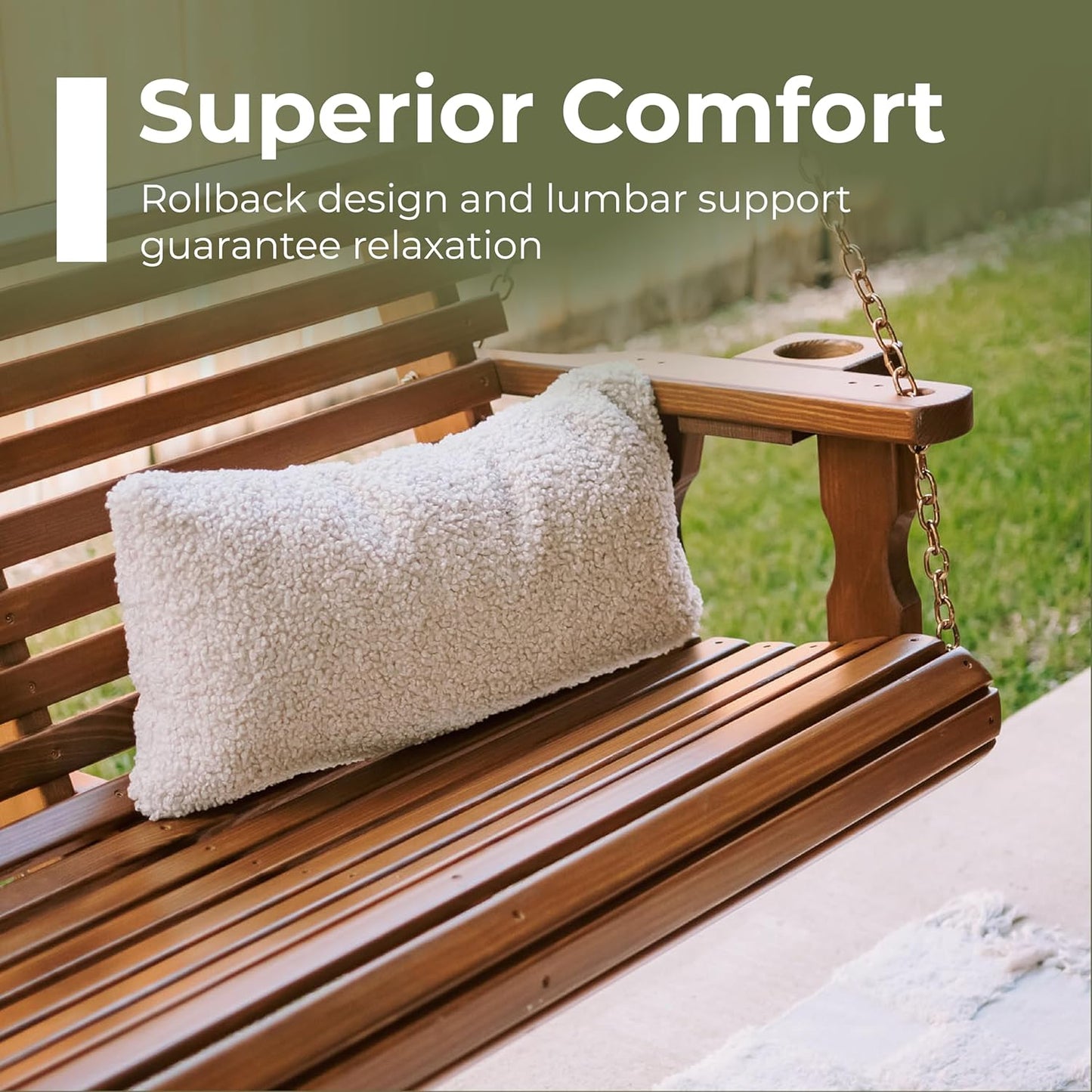 Amish Casual 3 Foot Roll Back Porch Swing with Cup Holders in Semi-Solid White Stain - Amish Made in The USA from Treated Pine Heavy Duty 700 Lb. Weight Capacity