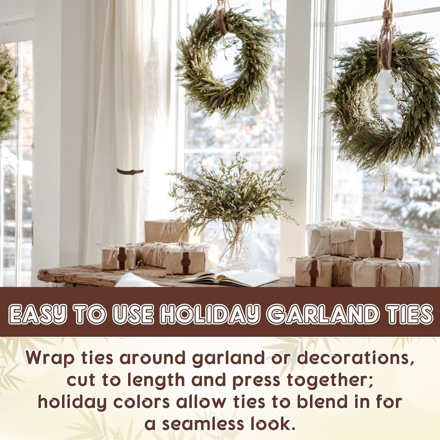 80 Pcs 12 Inch Christmas Garland Ties Brown Adjustable Holiday Banister Ties Reusable Fastener Strap Nylon Garden Plant Cable Strap Christmas Tree Wreath Hook Loop Organizer for Home Office
