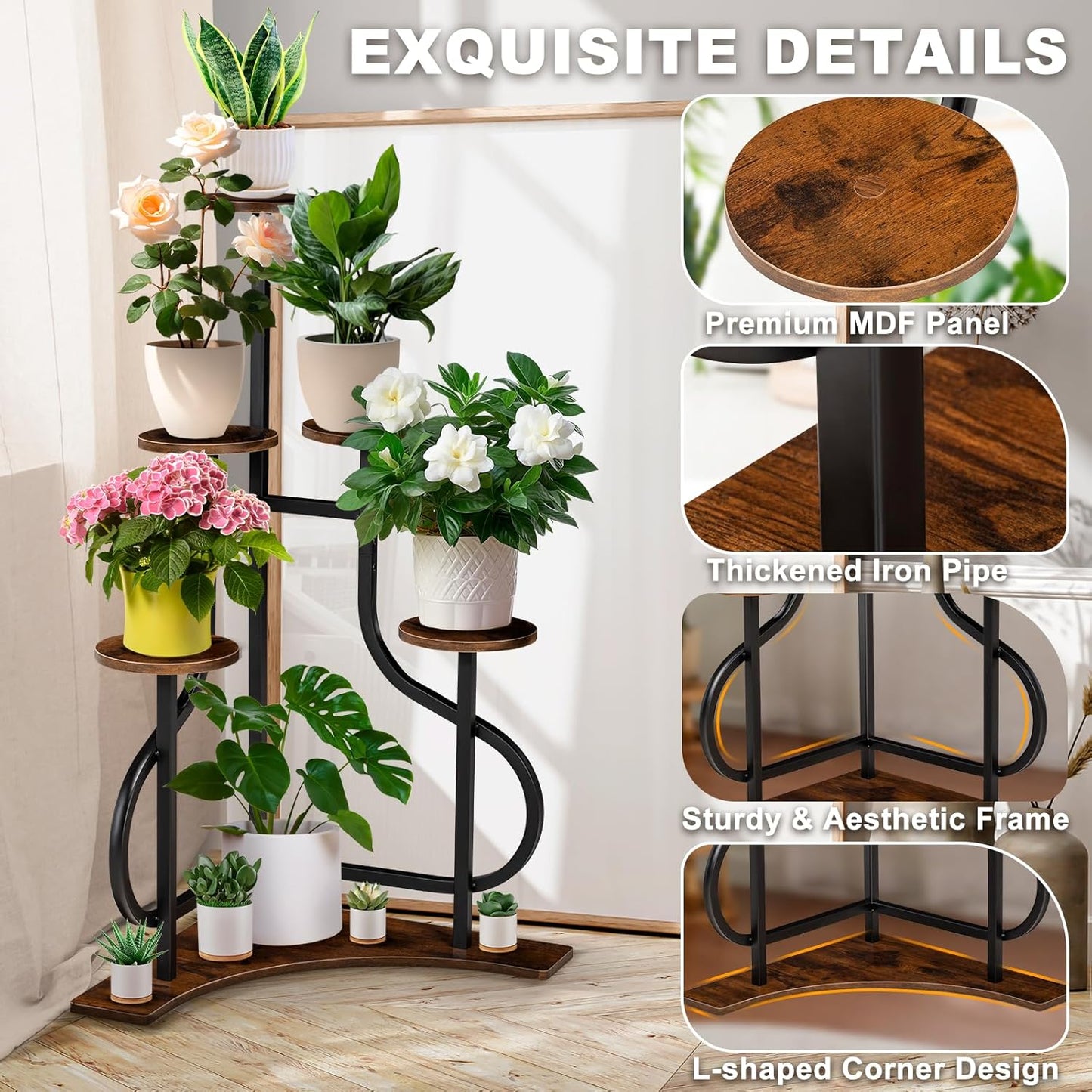 6-Tier Corner Plant Stand, Indoor Plant Stand with L-shaped Base, Aesthetic Metal Plants Shelf for Multiple Plants Flower Pot, MDF Outdoor Plant Holder for Patio Balcony (Rustic Brown)