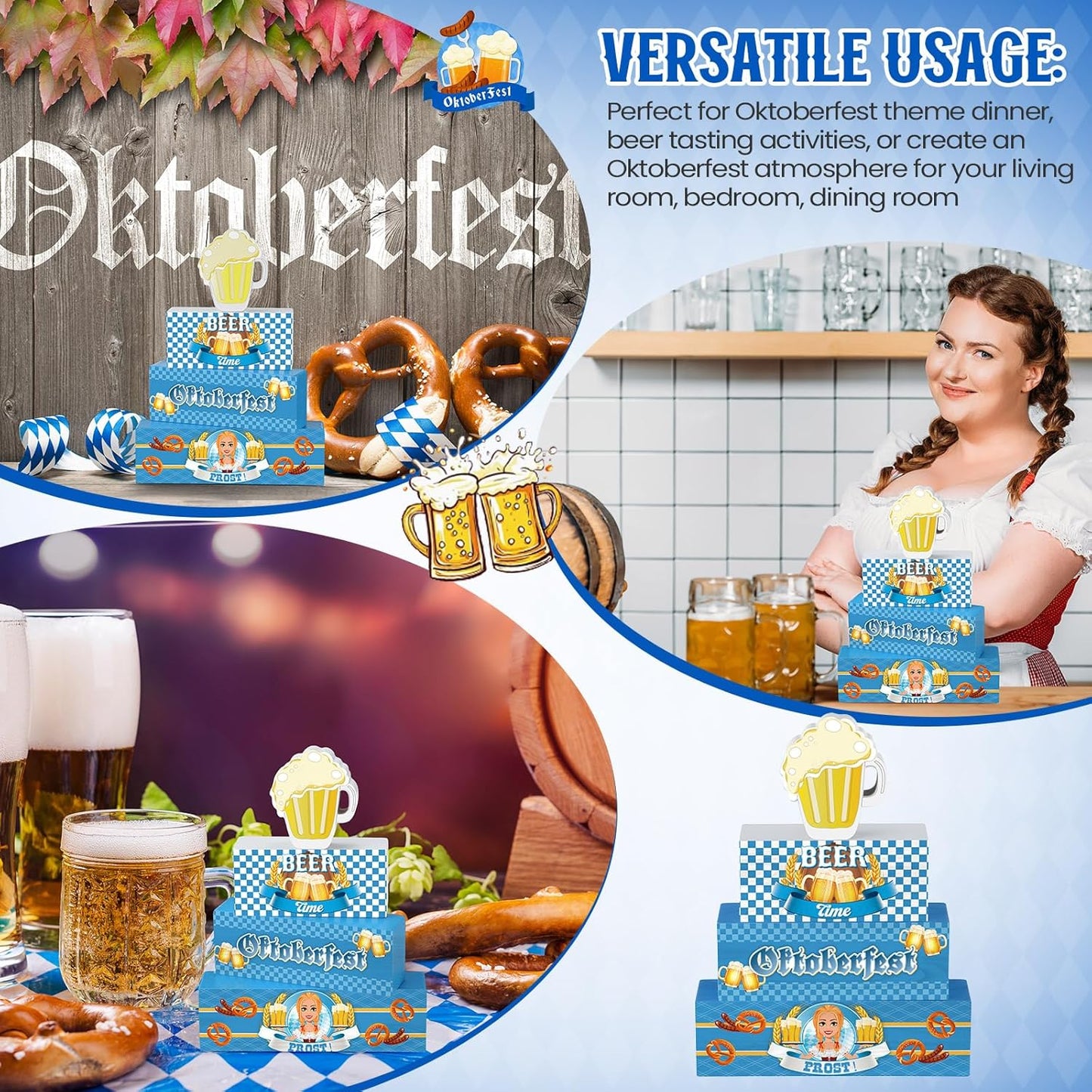 Yalikop 4 Pcs Oktoberfest Table Decorations Wooden Oktoberfest Tiered Tray Decorations October Festival Wooden Block Centerpieces for Tables for Home Shelf