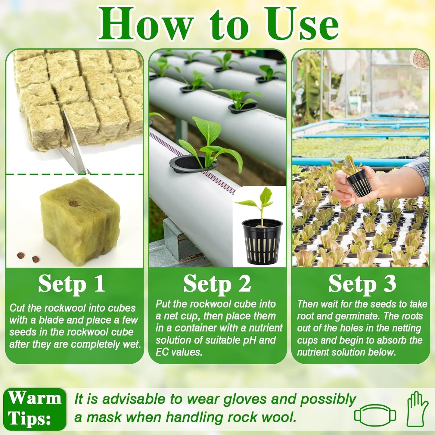 Halatool 36PCS 1.2-Inch Rockwool Cubes with 30PCS 2-Inch Net Cups for Hydroponics Great Hydroponic Kit for Cuttings Clone Plant Propagation Seed Starting & Soilless Cultivation