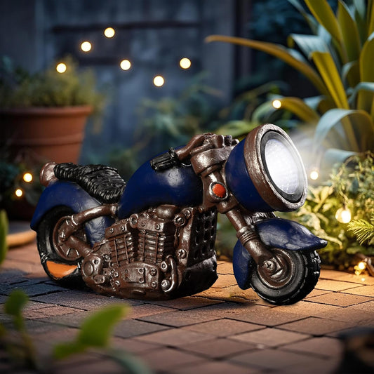 Solar Outdoor Garden Motorcycle Statue, Resin Motorcycle Sculpture with LED Lights, Ideal for Garden, Courtyard and Lawn Decoration, Housewarming and Birthday Gift