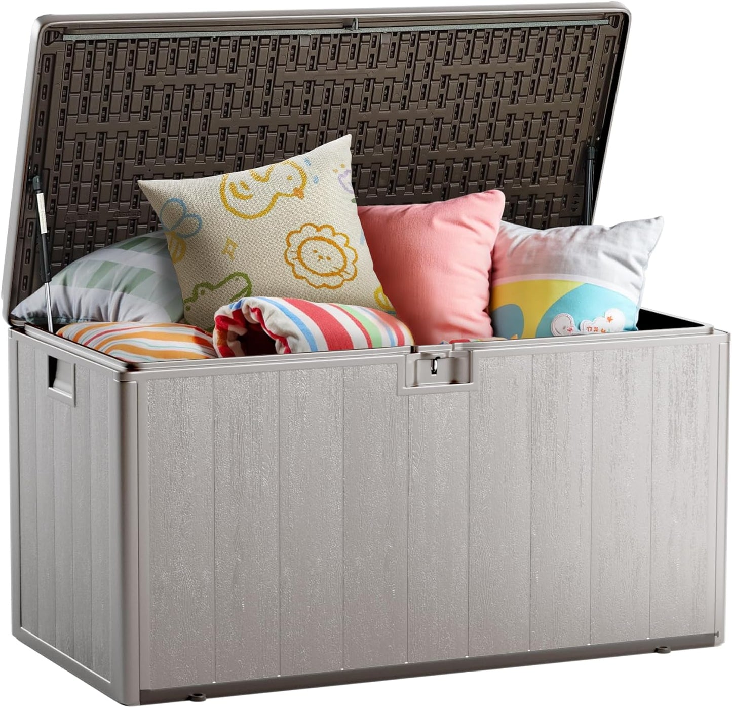 120 Gallon Deck Box, Double Layer Waterproof Resin Outdoor Indoor Storage Box, Lockable & UV Resistant Storage Bin for Patio Furniture, Garden Tools, Pool Accessories (Brown)