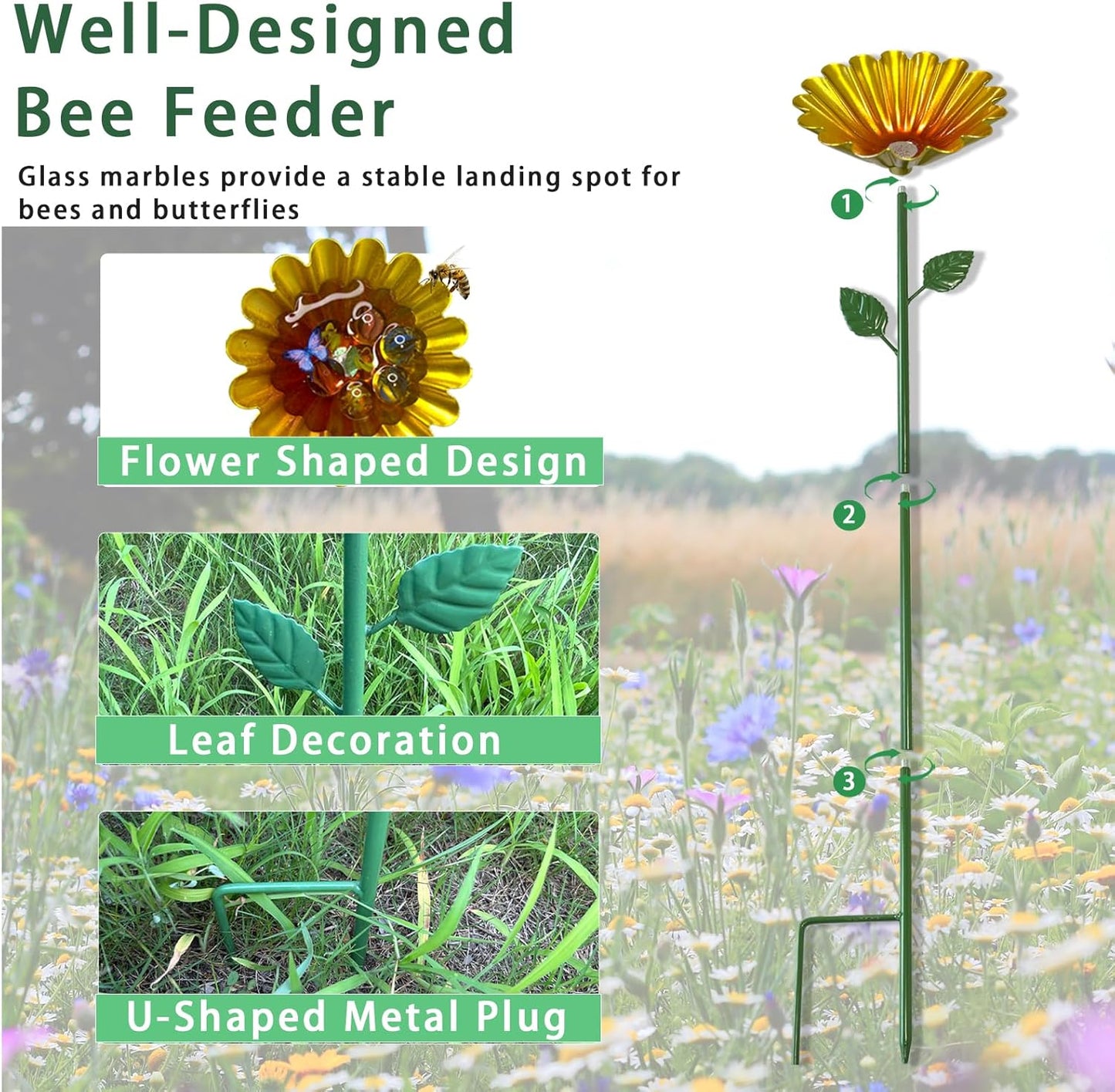 Bee Watering Station for Garden with 20 Marbles,Butterfly Watering Station for Outdoor Decor in Flower Design,Water Feeder to Attract Pollinators(Red,Green,Blue,Yellow)