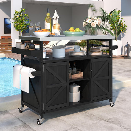 Outdoor Grill Carts for Patio Graden BBQ with Storage Cabinet, Home Rolling Kitchen Island Bar Cart with Stainless Steel Top, Food Prep Table with Shelves, Spice Rack & Towel Holder (Black)