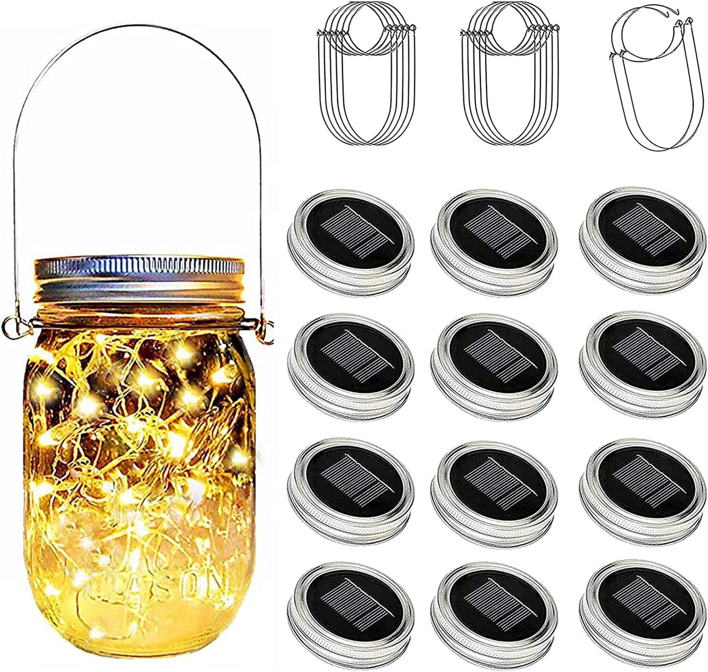 Solar Mason Jar Lights Lids, 12 Pack 30 Led Fairy Lights(Jars Not Included), Outdoor Hanging Mason Jar Solar Lights, Fairy in a Jar Firefly Lights for Patio Garden Table Decor Gifts