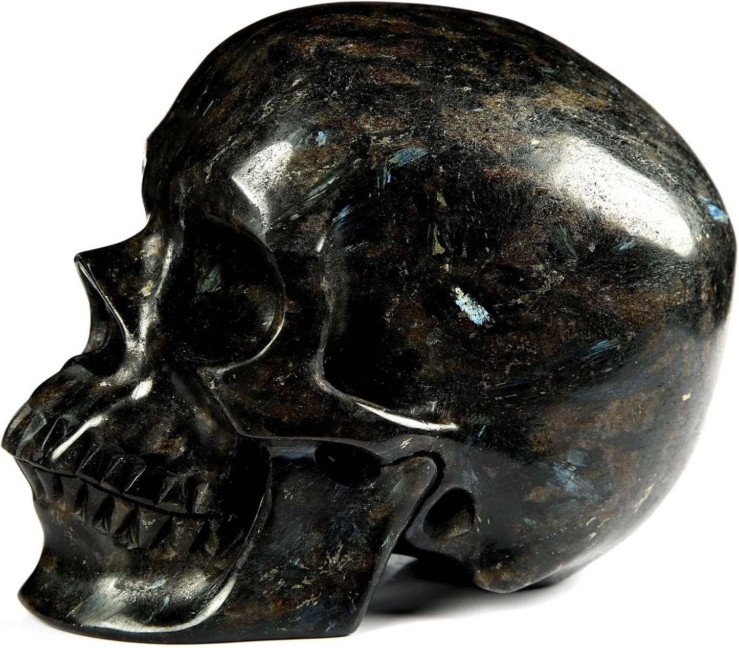 Skullis 5.0" Russian Arfvedsonite Hand Carved Crystal Skull, Super Realistic, Crystal Healing, Hand Carved Gemstone Fine Art Sculpture, Reiki Healing Stone Statue. z8