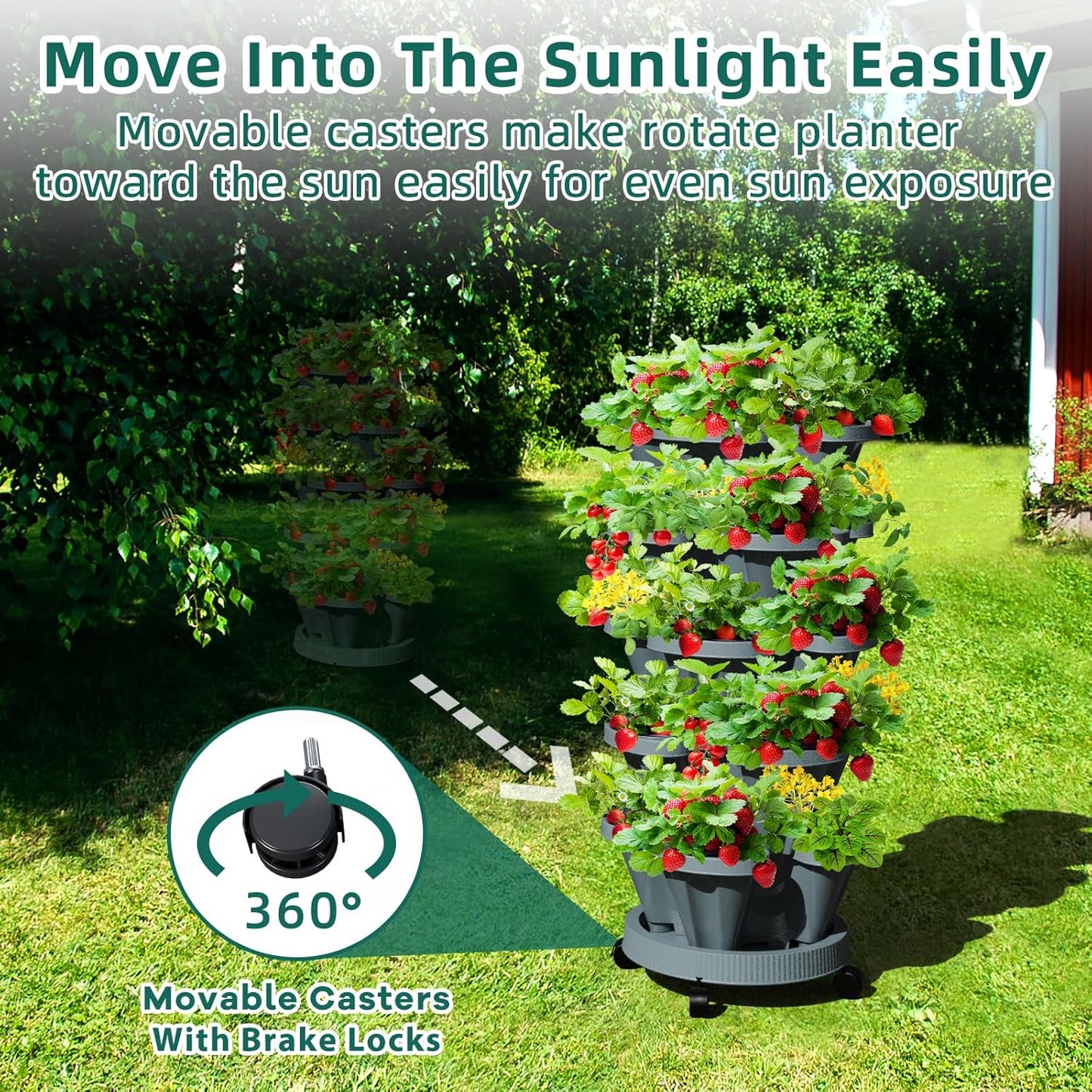 7 Tiered Strawberry Vertical Planter 2 Pack, Stackable Tower Garden Planter Herb Garden Planter with Movable Casters and Bottom Saucer Indoor and Outdoor - Dark Grey