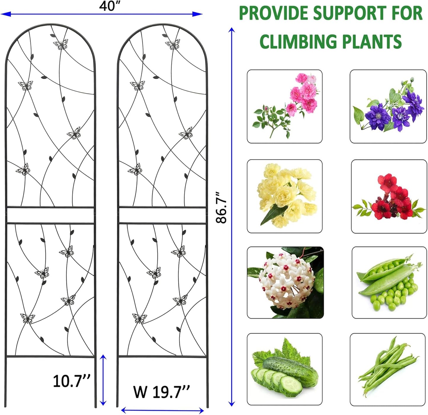 2 Pack Metal Garden Trellis 86.7" Tall Outdoor Climbing Plant Support for Roses, Flowers, Rustproof Durable Black Galvanized Tube, Lawn Garden Fence Decor Screen (2, Black flutter-86.7" H)