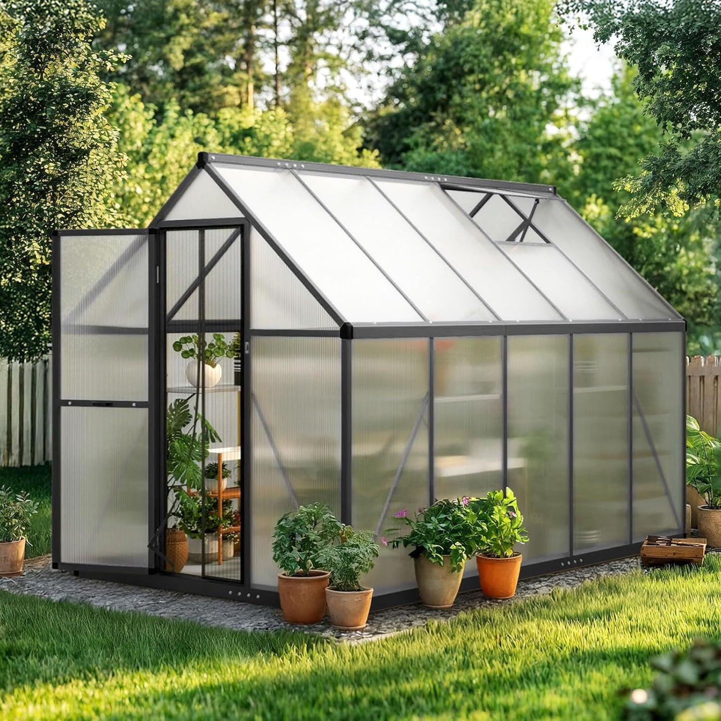 KING BIRD Greenhouse for Outdoors, 9.2x6 FT Polycarbonate Walk-in Green House, Quick-Setup Aluminum Frame UV Resistant Panel for Outside Garden Backyard W/ Lockable Screen Door, Vent, 2 Shelves, Black