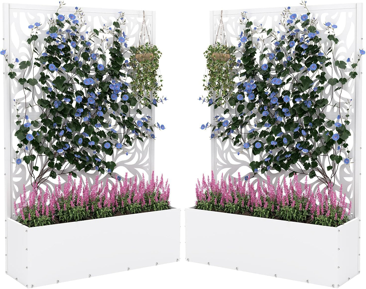 2PCS Metal Planter Box with Trellis,70.9"x47.2"x15.7" Raised Garden Bed with Drainage Holes, Privacy Planters for Outdoor Garden Bed for Climbing Plants,Vegetables,and Vines, White-Flower