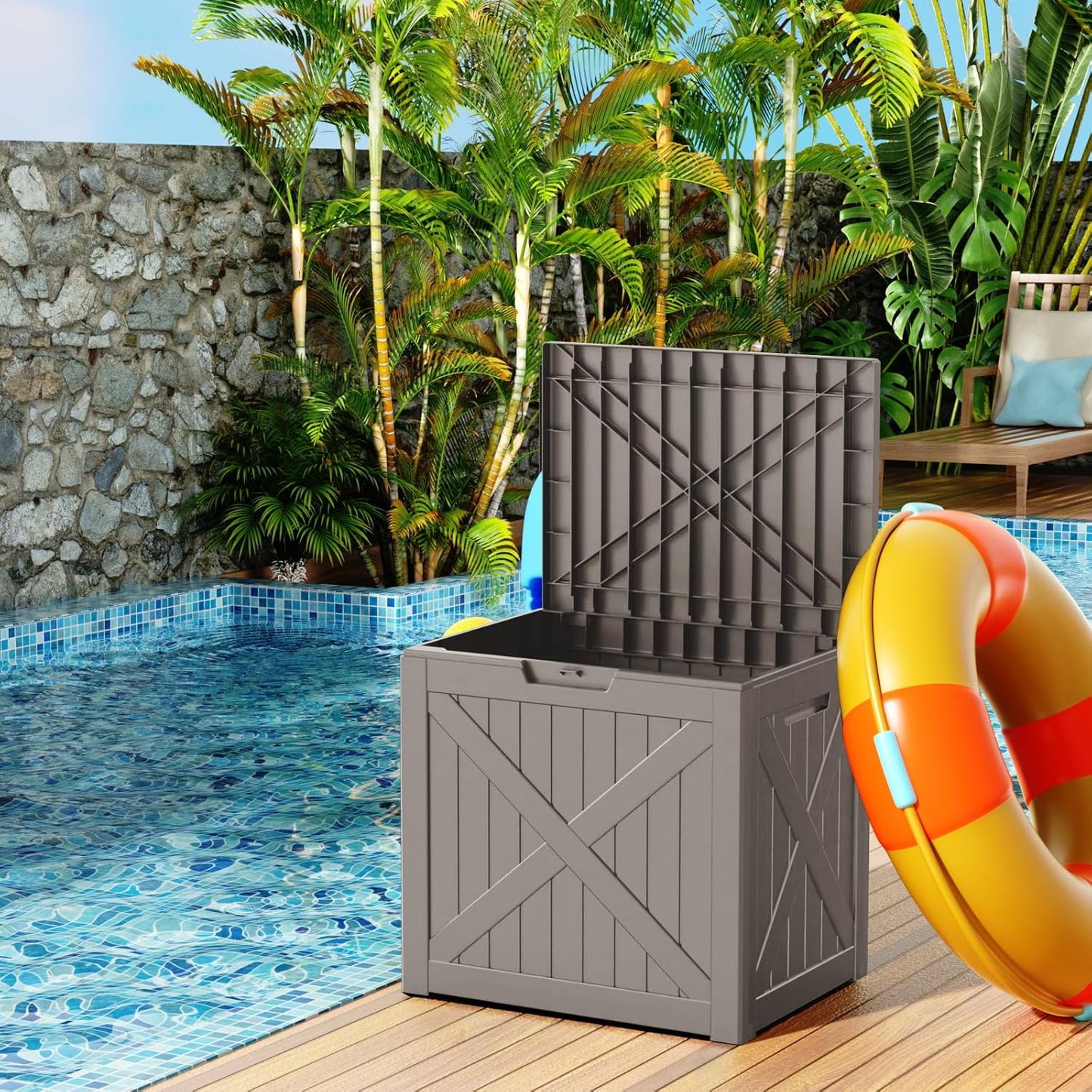 32 Gallon Outdoor Deck Box,Storage Lockable Waterproof Patio Furniture,Garden Tools,Cushions,Pool Accessories Outside Storage Resin Box(Grey)