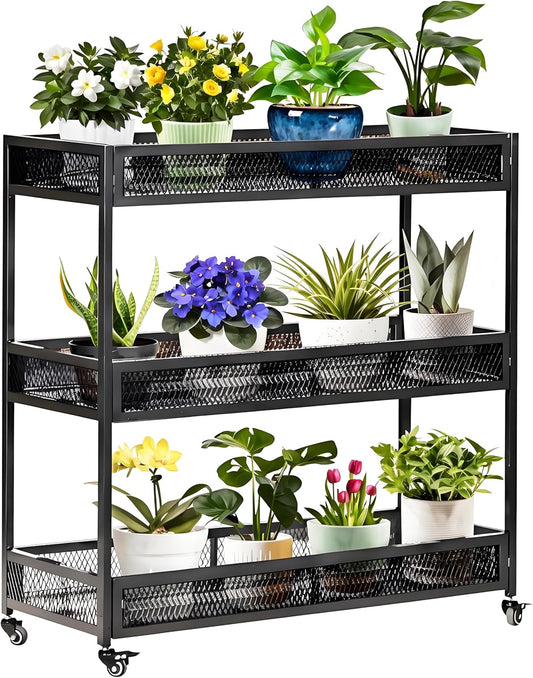 Outdoor Heavy-Duty 3-Tier Moving Garden Cart Sturdy Metal Plant Stand with High-Capacity Load & Rotating Wheels