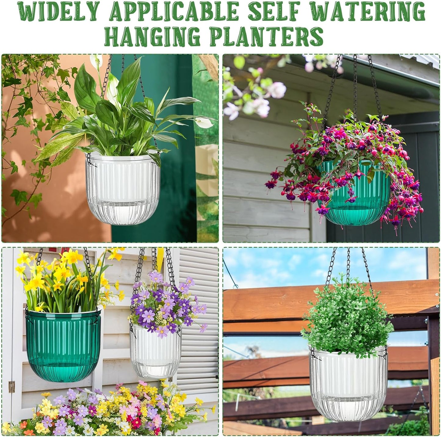 Maxcheck 4 Pcs Self Watering Hanging Planters Indoor Gift 6.5'' 4.5'' Hanging Flower Pots Baskets Outdoor Self Watering Plant with 3hooks Drainage Holes for Home(Emerald,Clear)