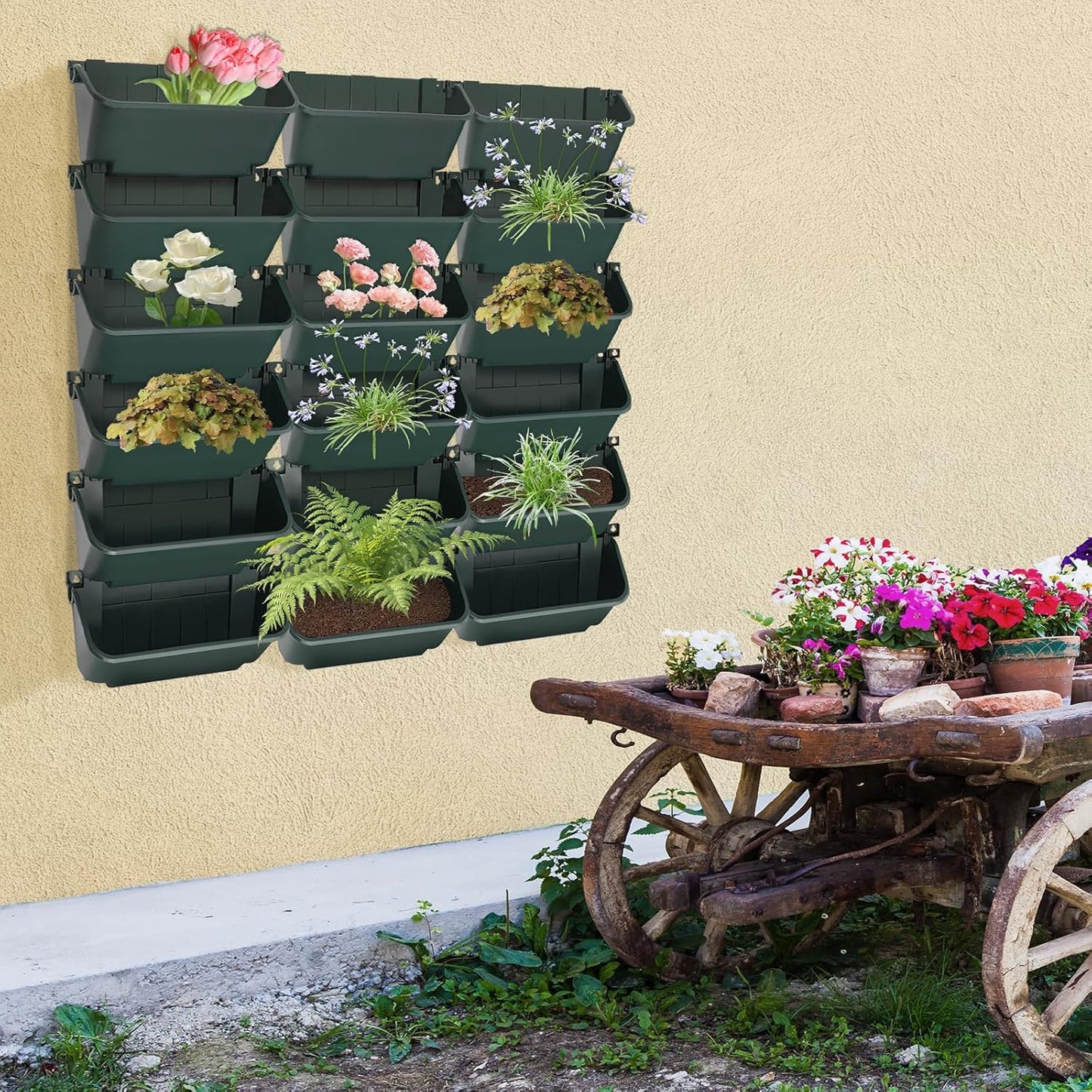 18-Pot Vertical Wall Planter, Self-Watering Stackable Planters for Indoor & Outdoor Use, Perfect for Herbs, Flowers & Vegetables (18, Black)