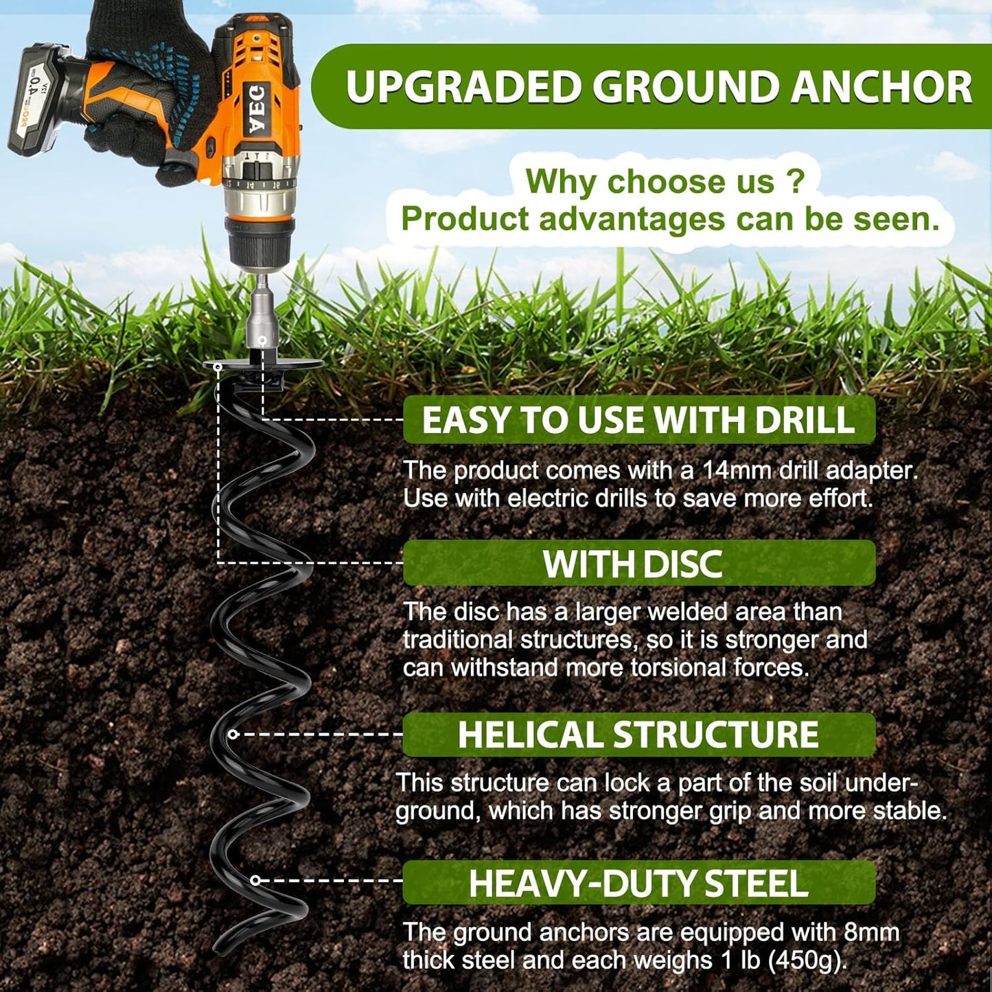 6 PCS 15.3 Inch Ground Anchors Heavy Duty for High Winds Screw in Earth Anchor Swing Set Spiral Auger Stakes Suitable for Tent Trampoline Tree Garden Fence Sheds Swingset, Easy Use with Drill