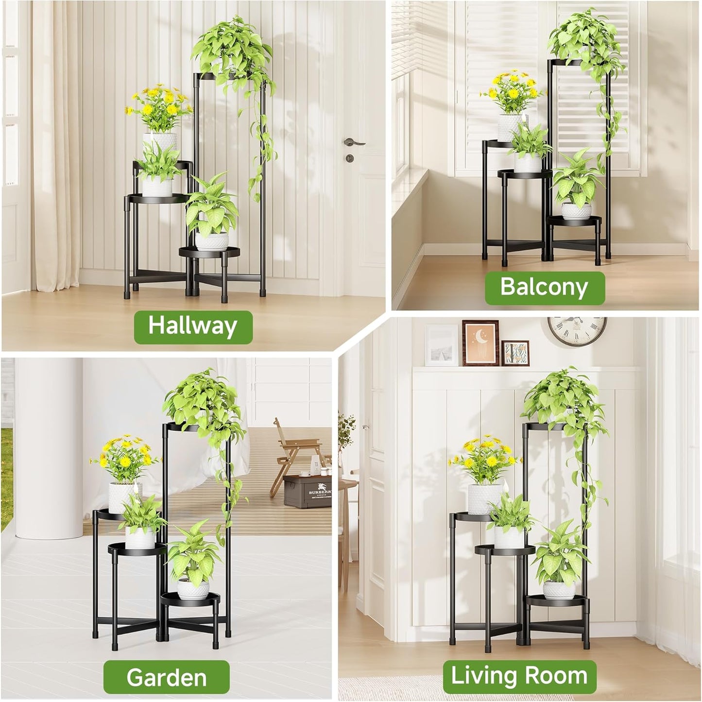 4-Tier Metal Plant Stand, Indoor Outdoor Corner Shelf, Folding Flower Pot Display Rack for Patio, Garden, Living Room