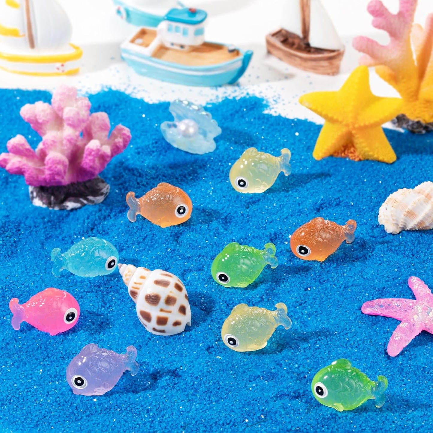 48Pcs Luminous Mini Resin Fish, Miniature Glow in The Dark Fish Ornament for Garden, Landscape, Aquarium, Dollhouse, Birthday Party, Room Crafts Decor