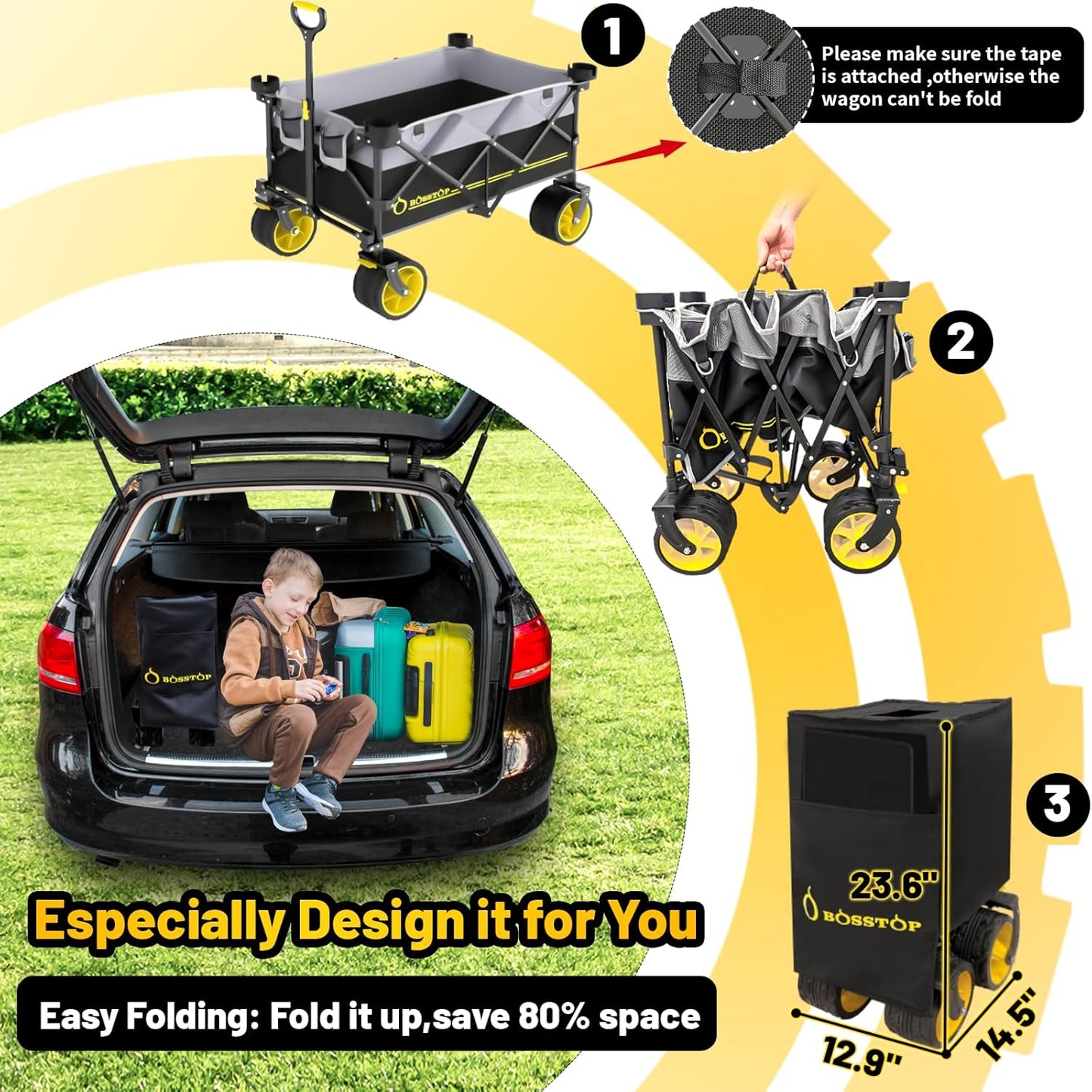 Collapsible Extended Wagon with Big All-Terrain Wheels 350LB& Oversized Outdoor Heavy Duty Utility Garden Cart Foldable Large Beach Wagon for Sand Fishing Camping Portable Grocery Pull Cart