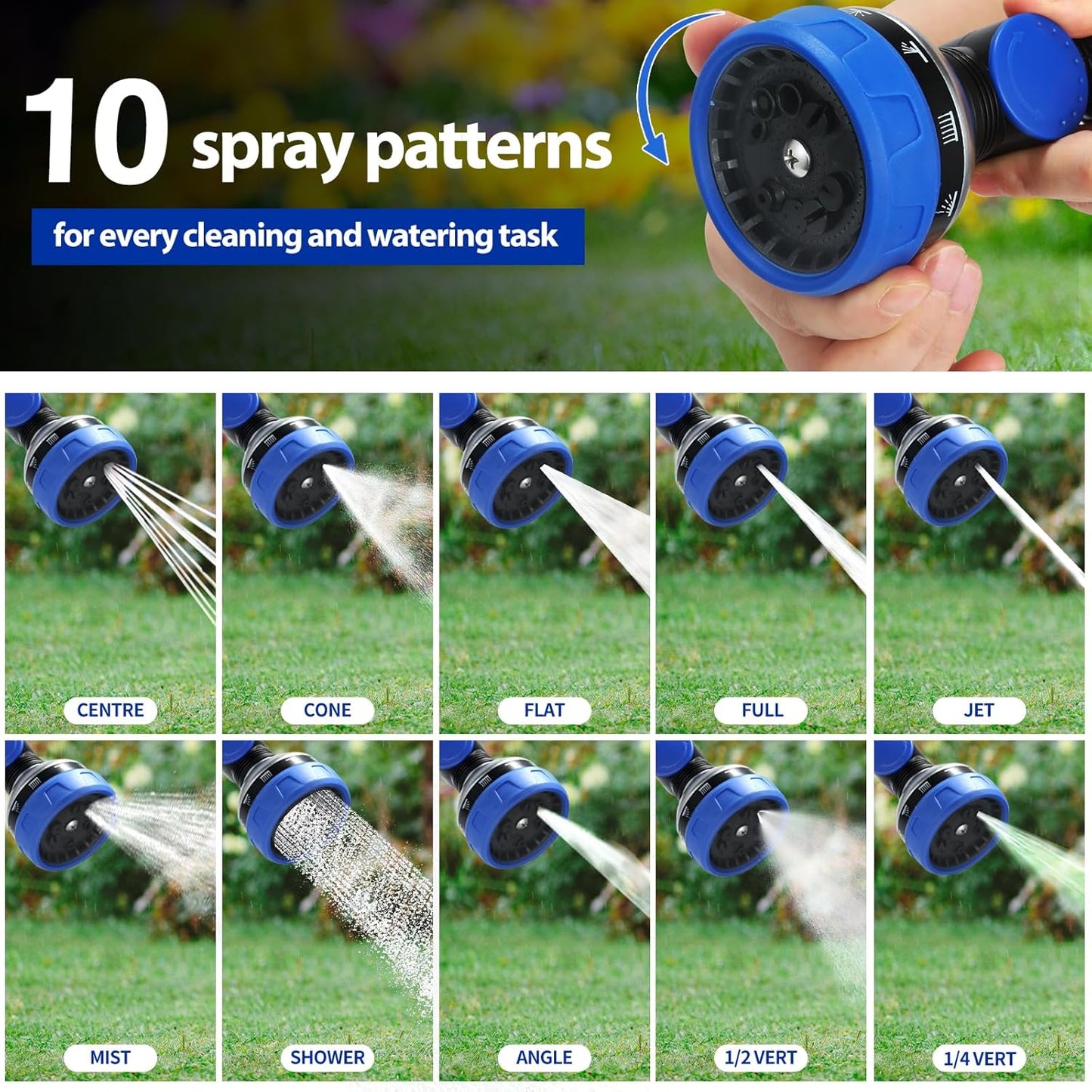 Watering Wand for Garden Hose, 30 Inch, 10 Spray Patterns, Thumb Control Garden Hose Nozzle, Adjustable Water Sprayer with Pivoting Head, Ideal for Hanging Baskets, Plants, and Shrubs, Blue