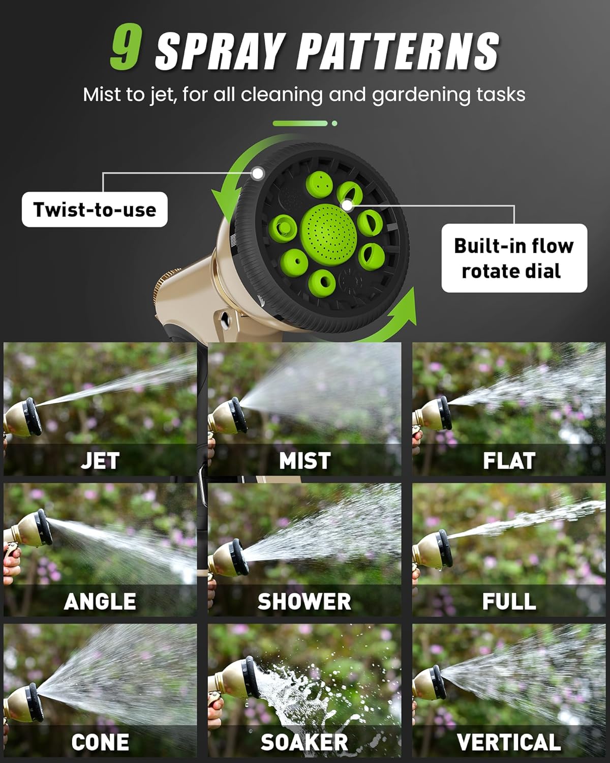 RAINPOINT Garden Hose Nozzle, Hose Sprayer Nozzle with 9 Spray Patterns, High Pressure Water Hose Nozzle Heavy Duty Metal Hand Sprayer, Watering Plants and Lawn, Car Washing, Pet Showering,Green