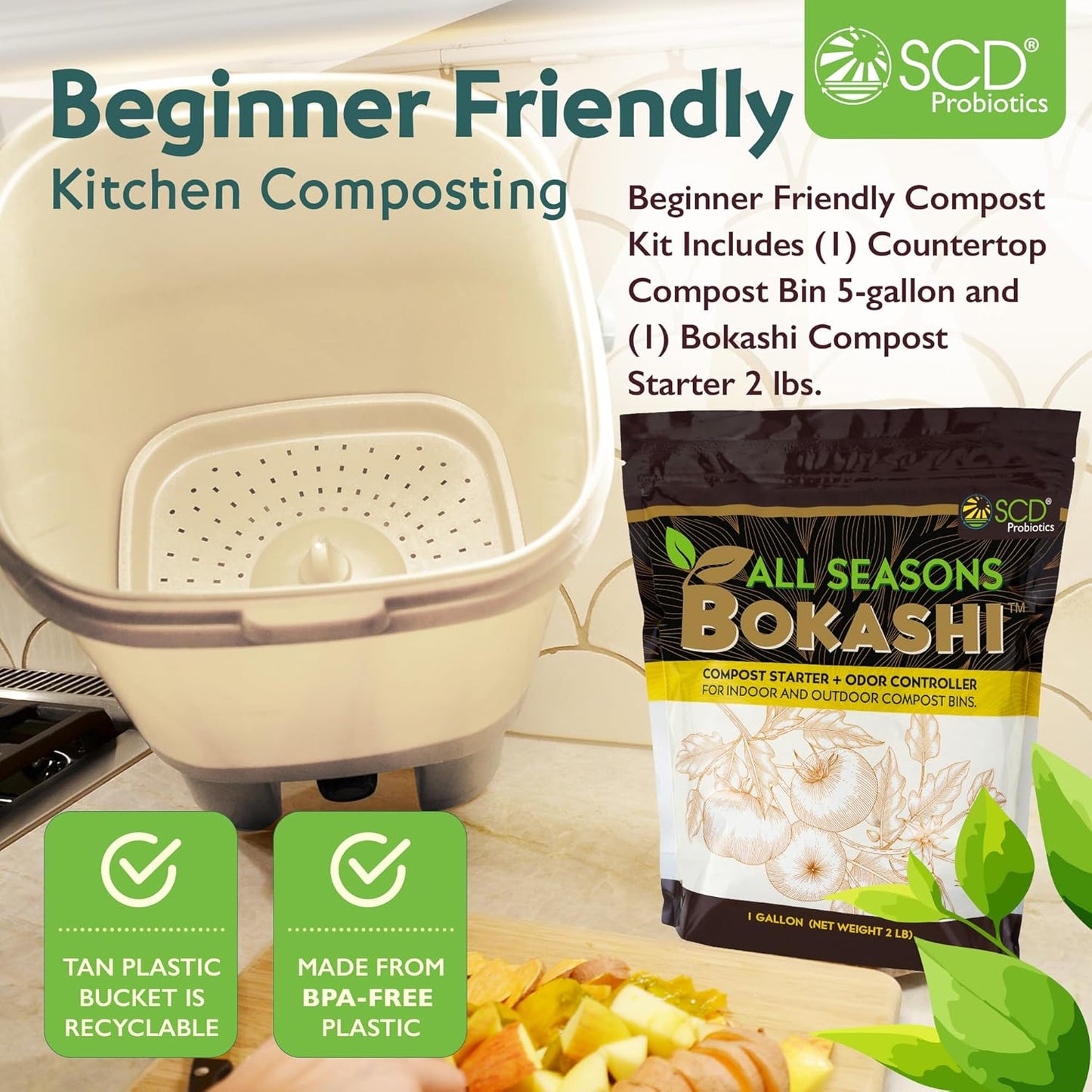 All Seasons Indoor Composter Starter Kit – 5 Gallon Tan Compost Bin For Kitchen Countertop With Lid, Spigot & 1 Gallon (2 lbs.) Bag Of Dry Bokashi Bran – by SCD Probiotics