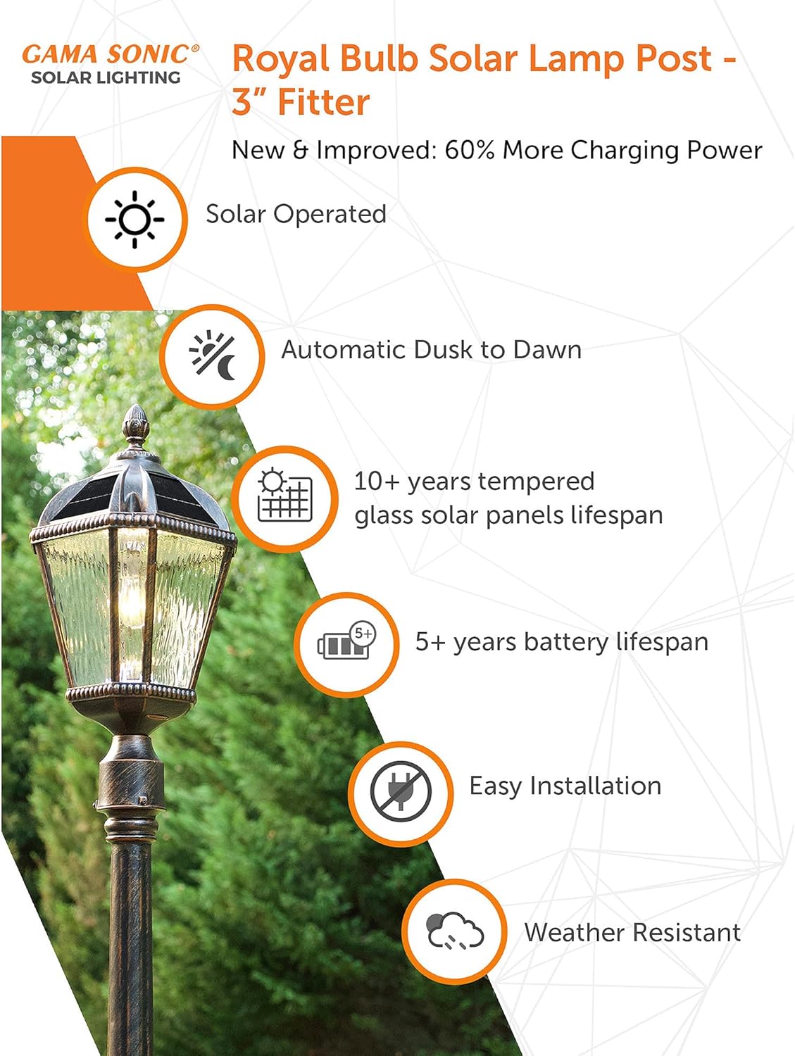 Gama Sonic Outdoor Solar Post Light, Brushed Bronze Finish Aluminum, Royal Bulb, Clear Rain Glass, 3-inch Fitter for Lamp Posts 98B112 (Upgraded Panel and Battery)