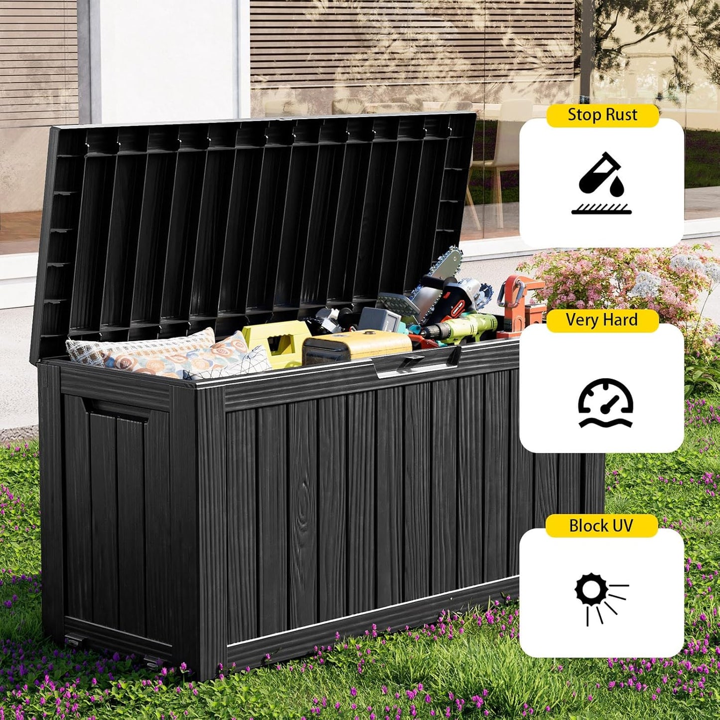 75 Gallon Waterproof Outdoor Storage Box,Resin Deck Box,Lockable Outside Storage Box Container for Patio Furniure,Garden,Pool Tools (75 Gallon,Black)
