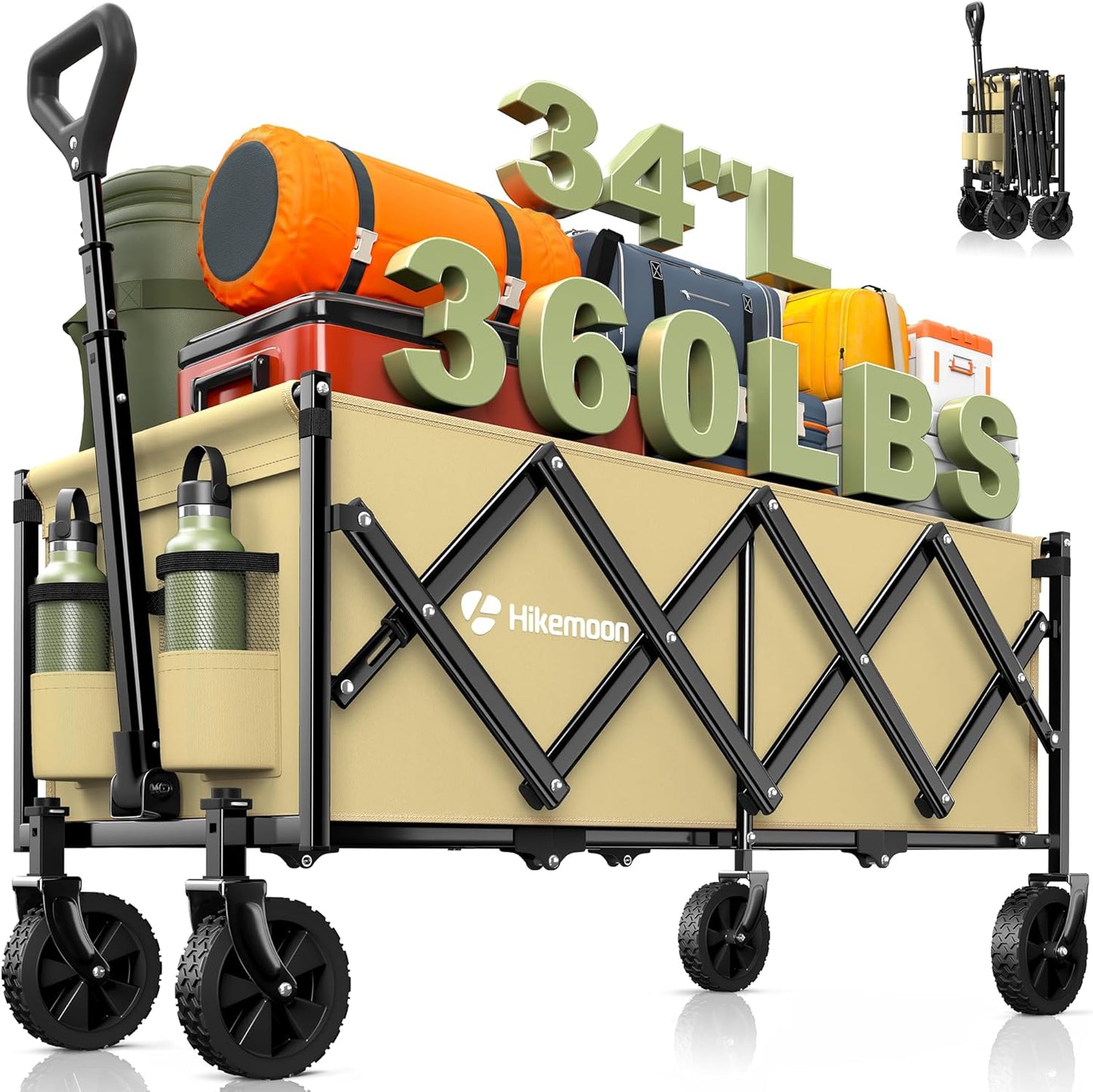 34'' Extra Long Collapsible Wagons Carts Foldable, 360LBS Heavy Duty Folding Beach Wagon with Wheels, Portable Utility Outdoor Cart for Grocery, Garden, Sports, Camping, Khaki