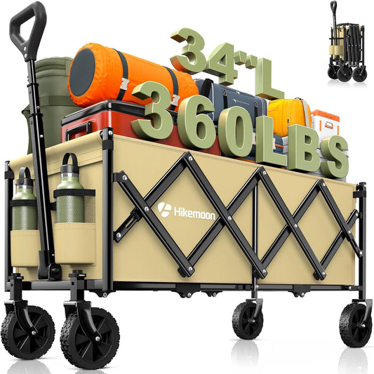 34'' Extra Long Collapsible Wagons Carts Foldable, 360LBS Heavy Duty Folding Beach Wagon with Wheels, Portable Utility Outdoor Cart for Grocery, Garden, Sports, Camping, Khaki
