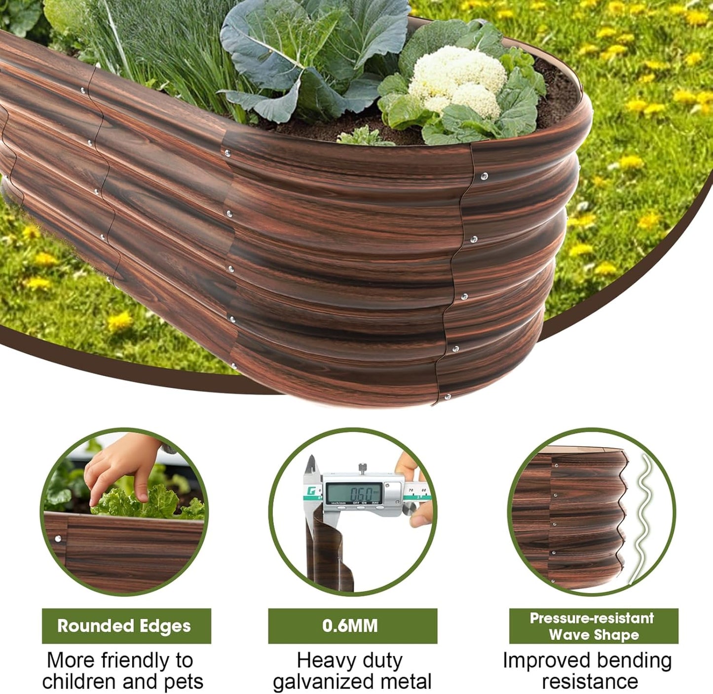 4x2ft Oval Galvanized Raised Garden Bed Kits 16" Tall Outdoor Large Metal Modular Planter Box 9-in-1 Raised Beds for Gardening,Vegetables,Fruits,Flowers & Herbs (Brown)
