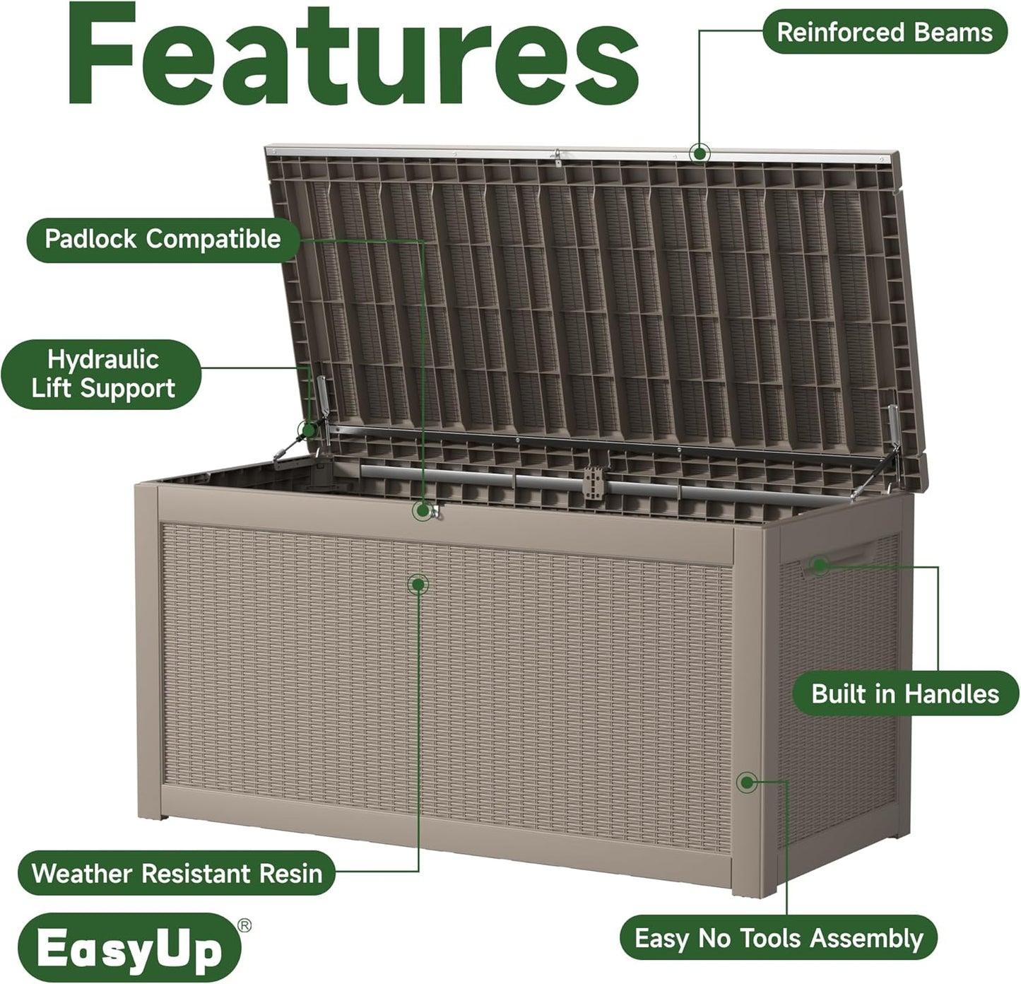 260 Gallon Outdoor Storage Box Waterproof, UV Resistant Resin Deck Box with Hydraulic Rod, Reinforced Stability for Patio, Garden, Rattan Gray