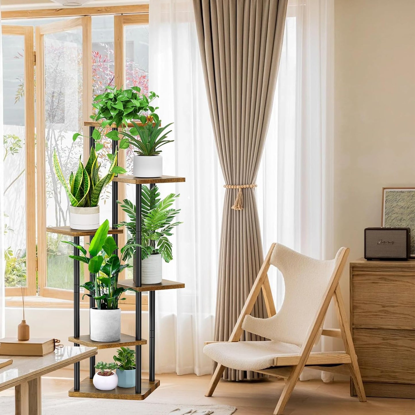 6 Tier Wood Tall Plant Stand Metal Rack Indoor, Multiple Flower Pot Holder Shelves Corner Rack, Planter Shelf Display Rack Storage Organizer for Patio Living Room Balcony Garden(Black)