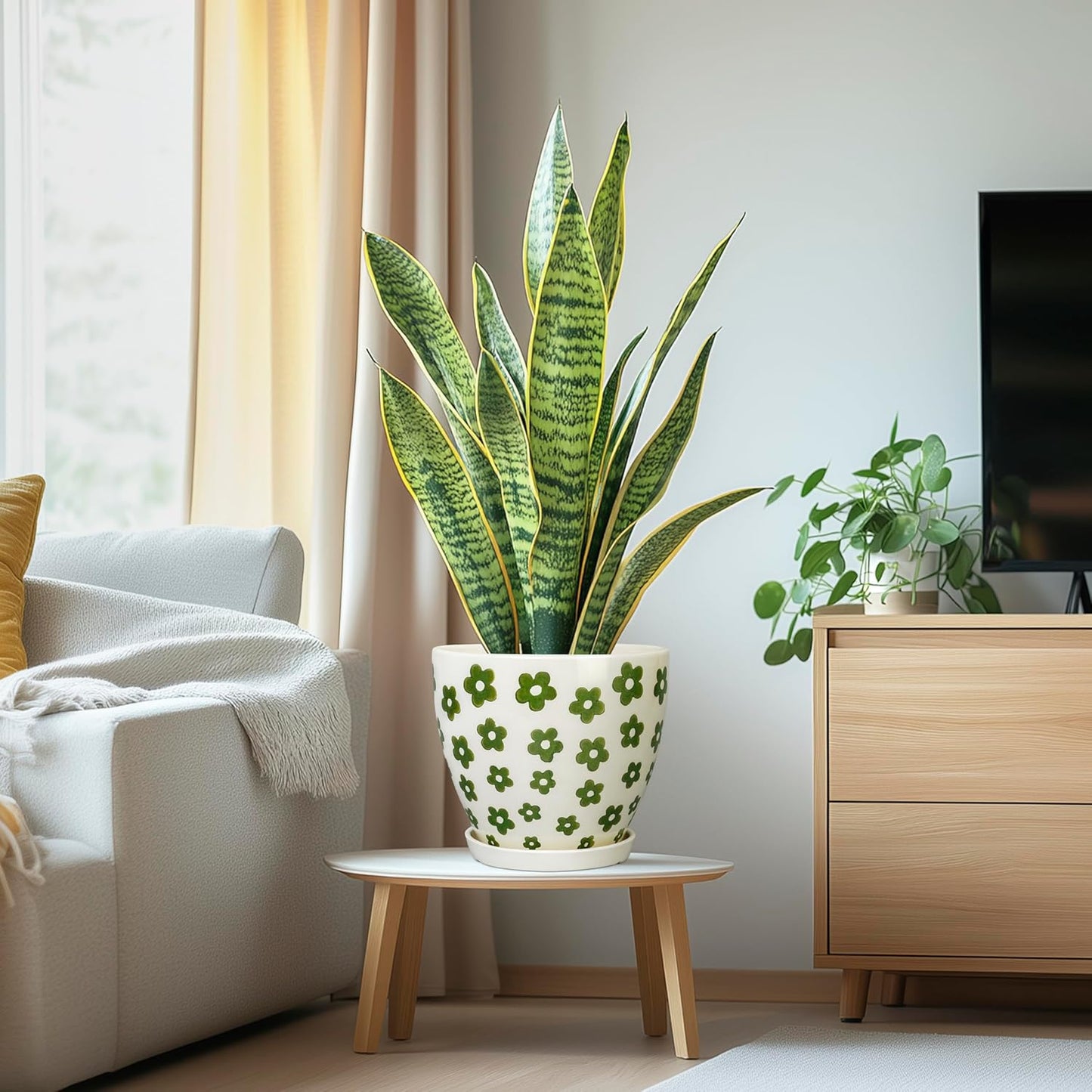 8.2 Inch Plant Pot - Ceramic Flower Pot Indoor with Drainage Hole and Saucer, Boho Round Decorative Planter for Indoor Plants, Housewarming Gifts, Office Garden Home Room Decor, White