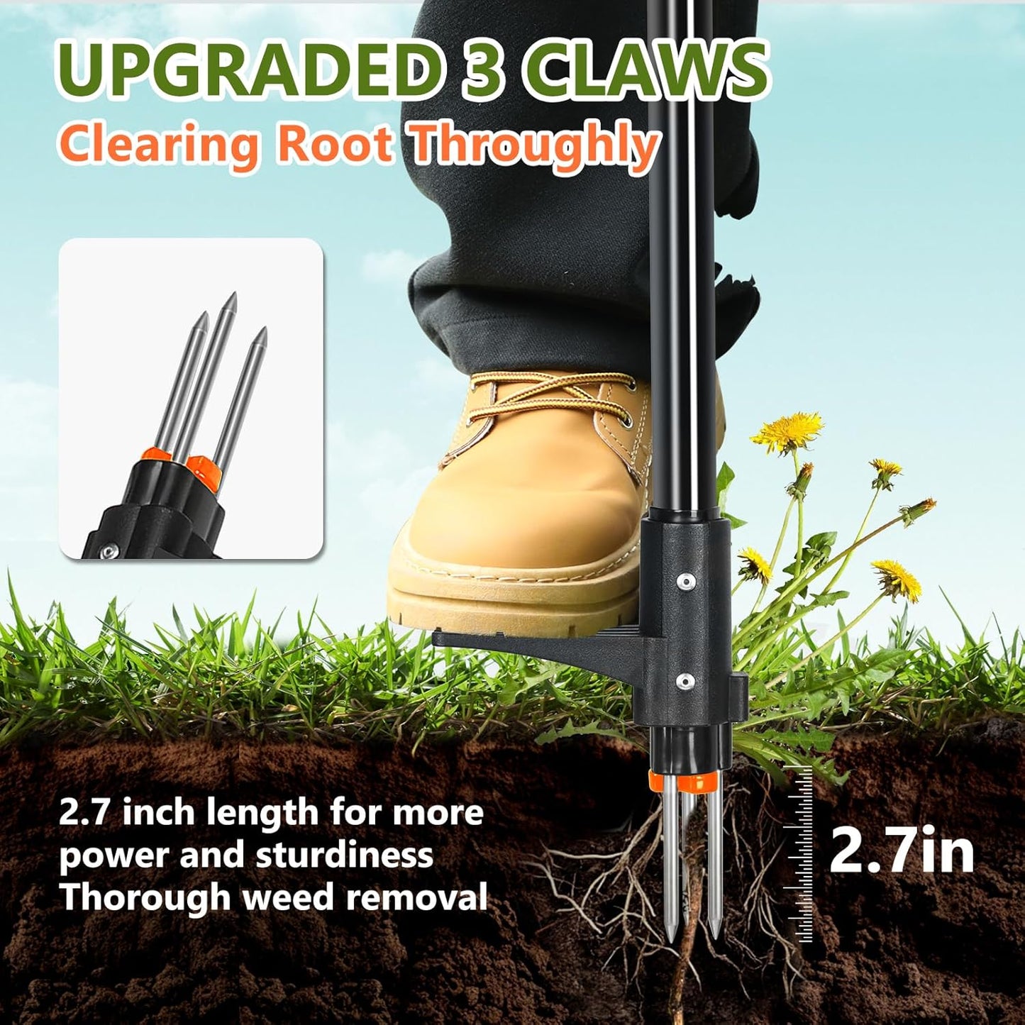 SHANTRA Weed Puller Tool, 3-Claw Stand Up Weed Puller Tool with Long Handle, Garden Weeder Puller Heavy Duty Stand Up Weeder, Weeding Tool for Lawn, Yard, Garden, Crabgrass, Dandelion Picker