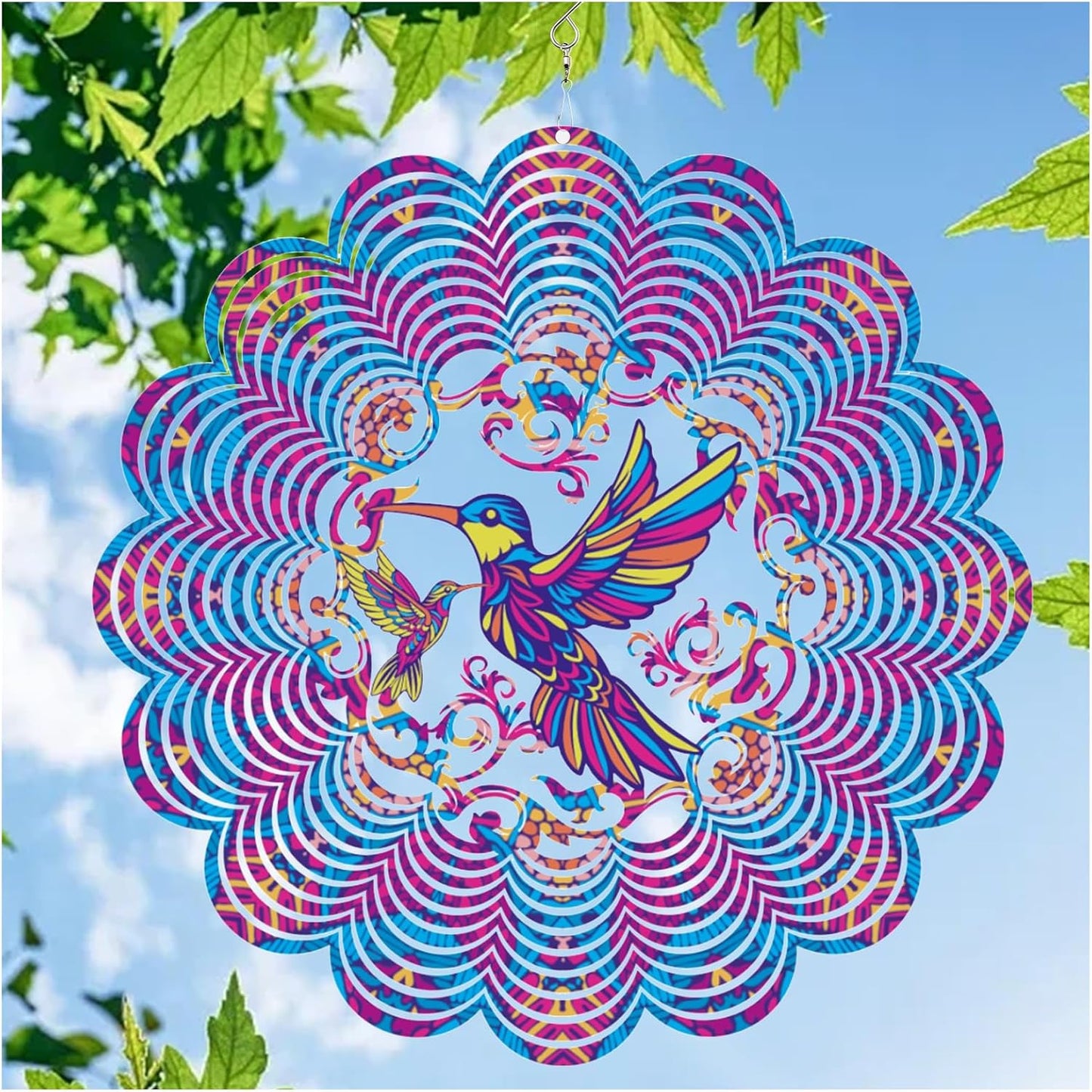 Wind Spinners Outdoor, Hummingbird Metal 3D Hanging Garden Decor, 12-inch Stainless Steel Wind Spinner with Tail Spinner, Wind Sculptures for Patio Lawn Yard, Ornament Gift for Women/Men