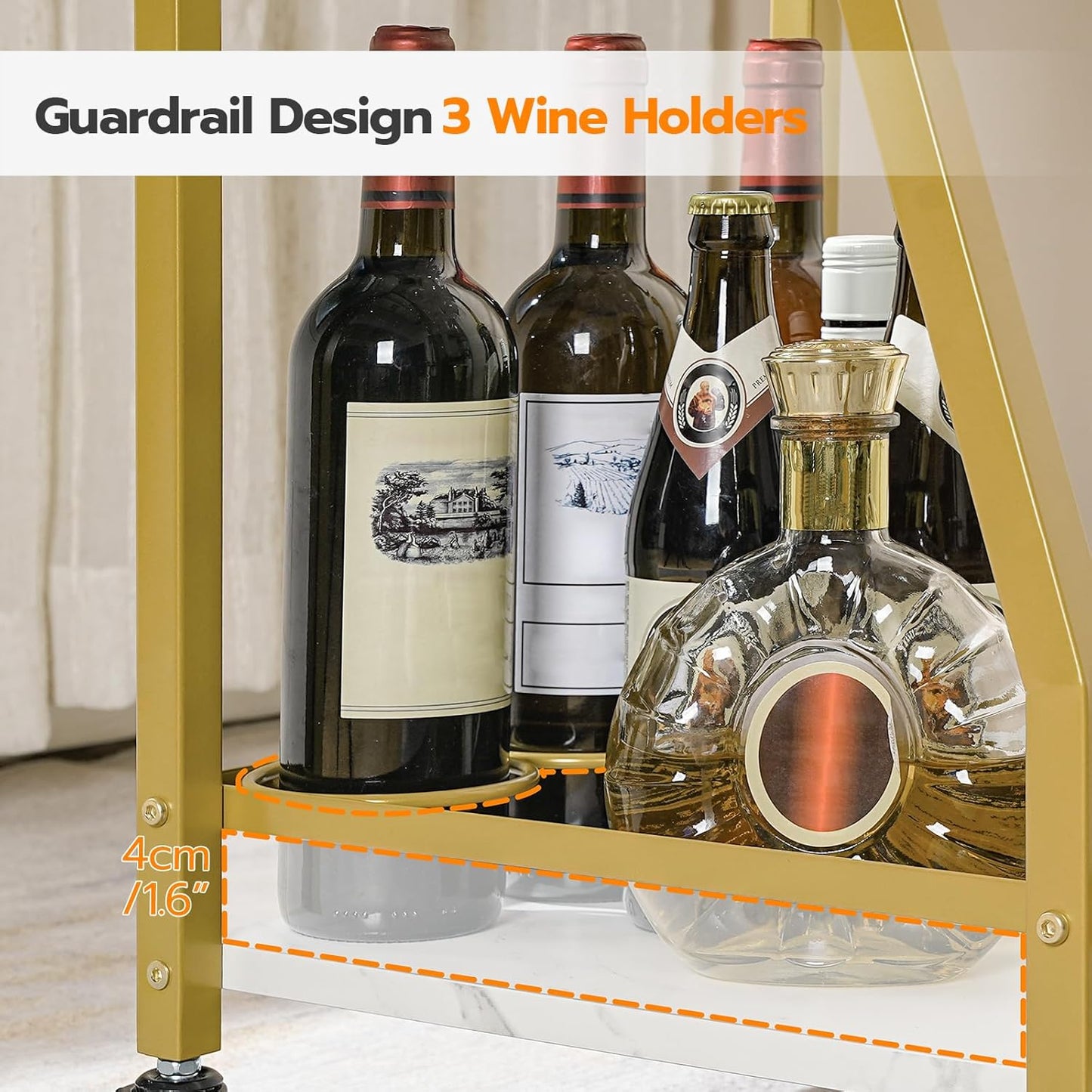 HOOBRO Bar Cart Gold, Home Bar Serving Cart, Kitchen Cart, Rolling Beverage Cart & Wine Rack and Glass Holder 2 Storage Shelves, Cocktail Cart for Home Dining Party, White and Gold DM27TC01