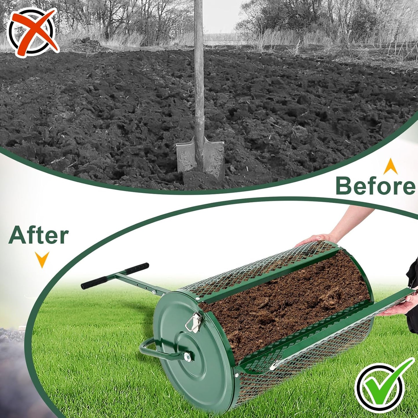 Hiboom 36 Inch Compost Spreader, Peat Moss Spreader, Manure Roller with Adjustable T Shaped Handle, Lightweight Metal Mesh for Lawn Garden Spreading Manure Topsoil (Green)